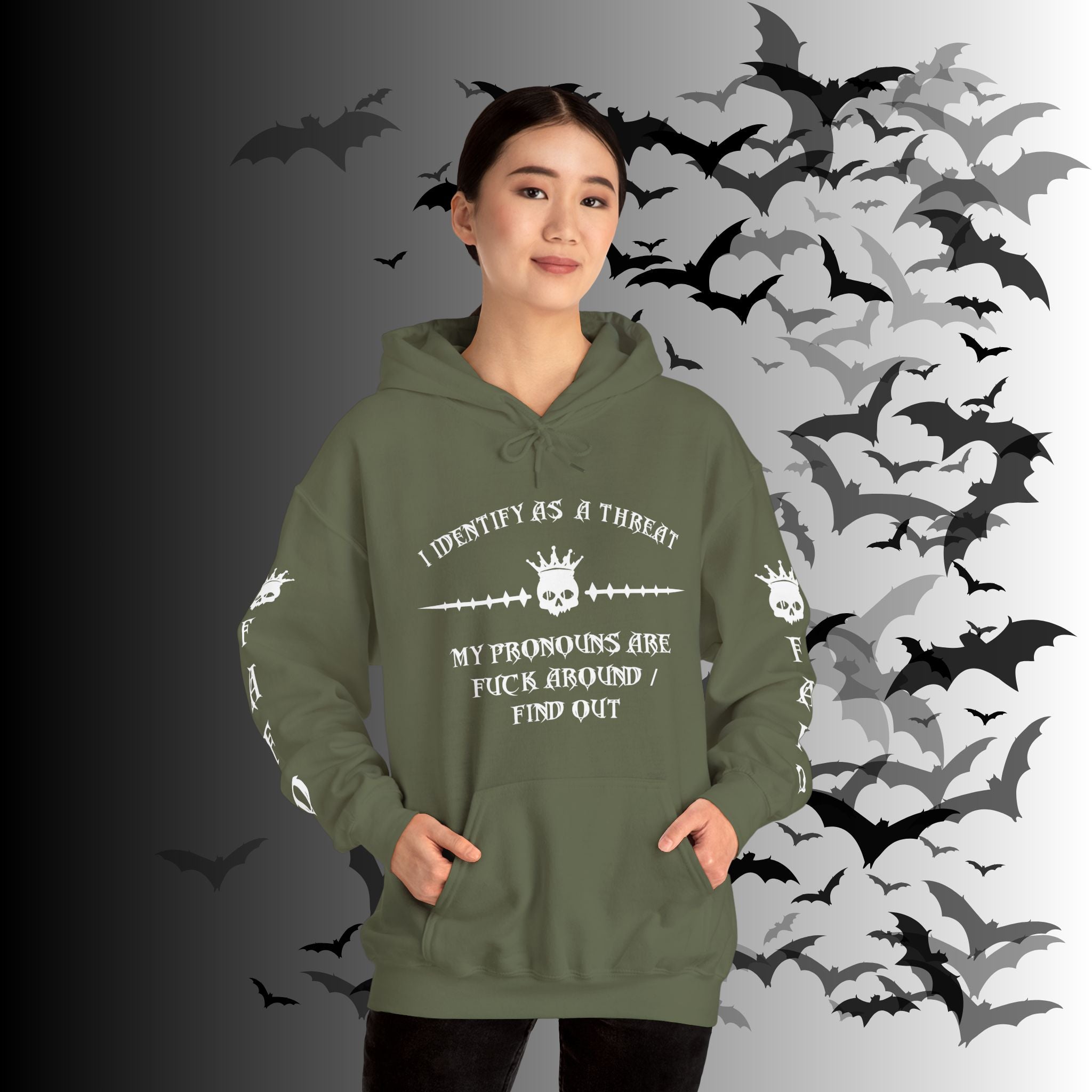 I Identify As a Threat Hoodie — Gothic Skull Sleeve Print FAFO Black
