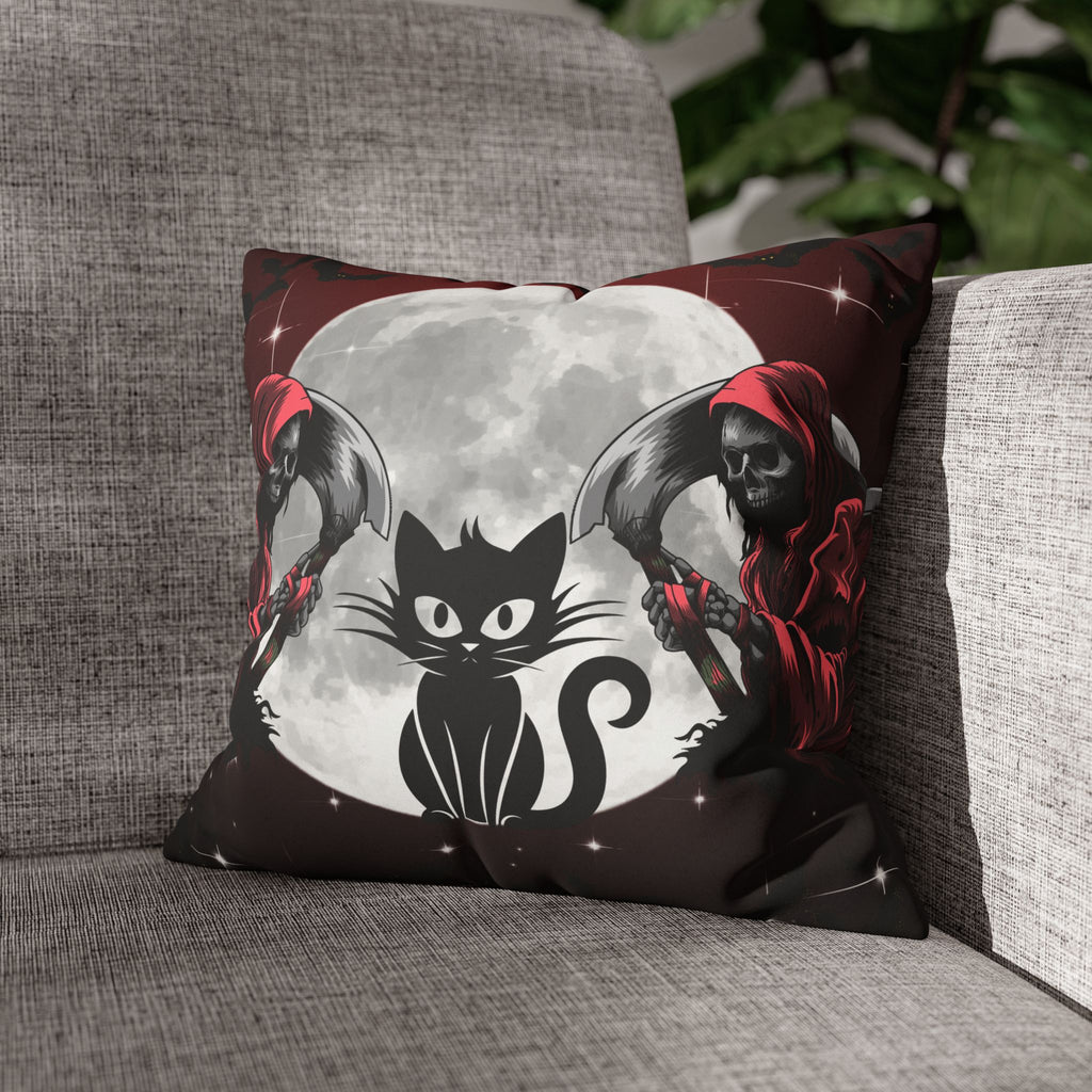 Gothic Black Cat Grim Reaper Throw Pillow — Moonlit Dark Home Decor