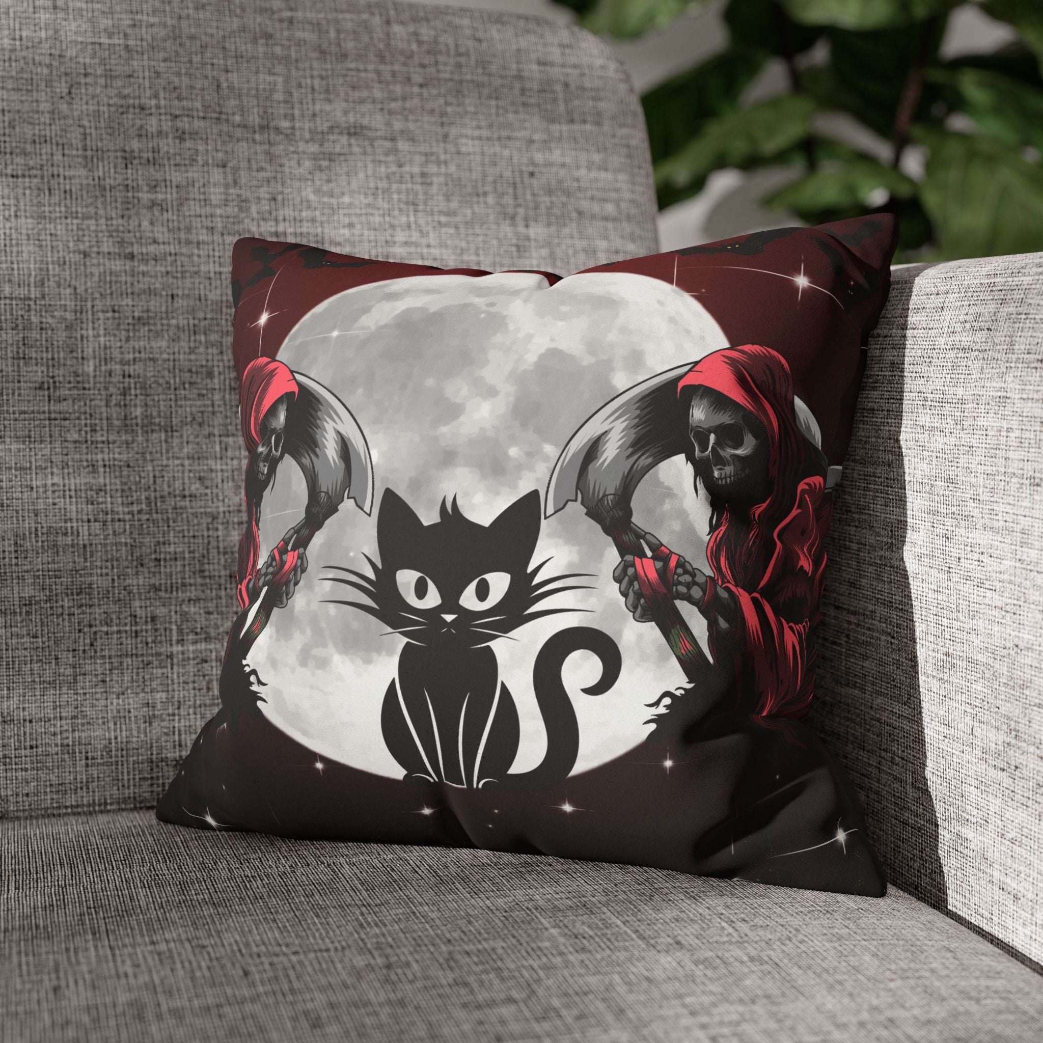 Gothic Black Cat Grim Reaper Throw Pillow — Moonlit Dark Home Decor