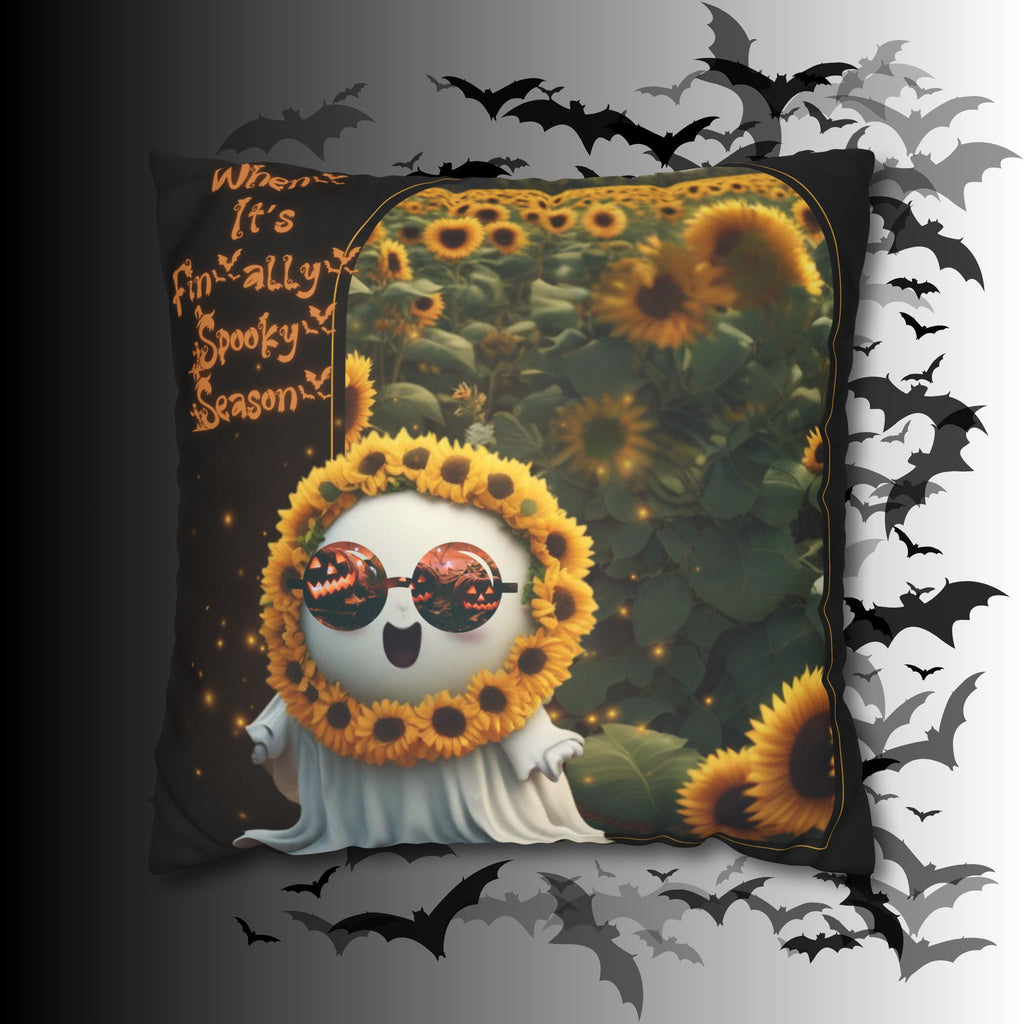 Spooky Season Ghost Sunflower Throw Pillow — Halloween Dark Home Decor