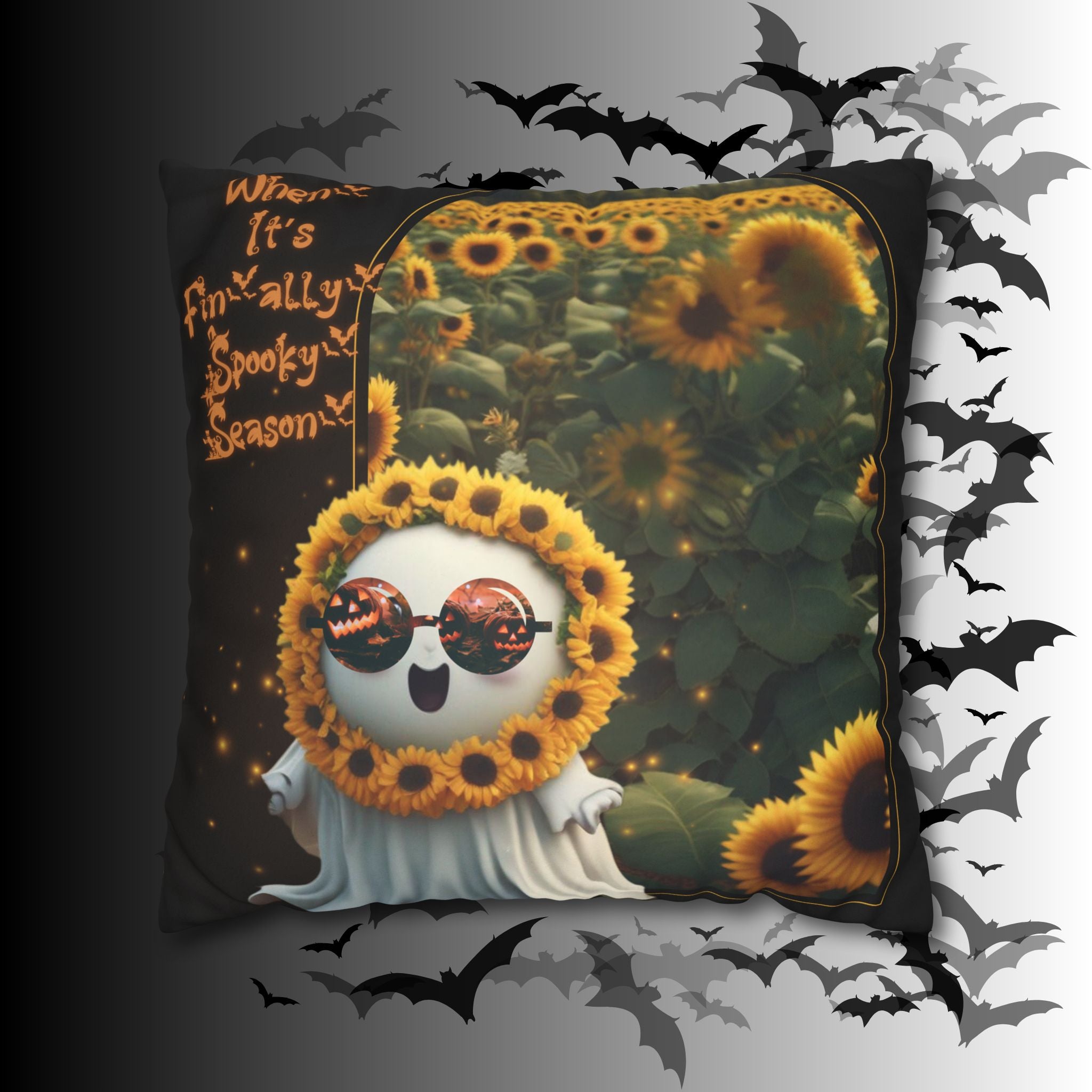Spooky Season Ghost Sunflower Throw Pillow — Halloween Dark Home Decor