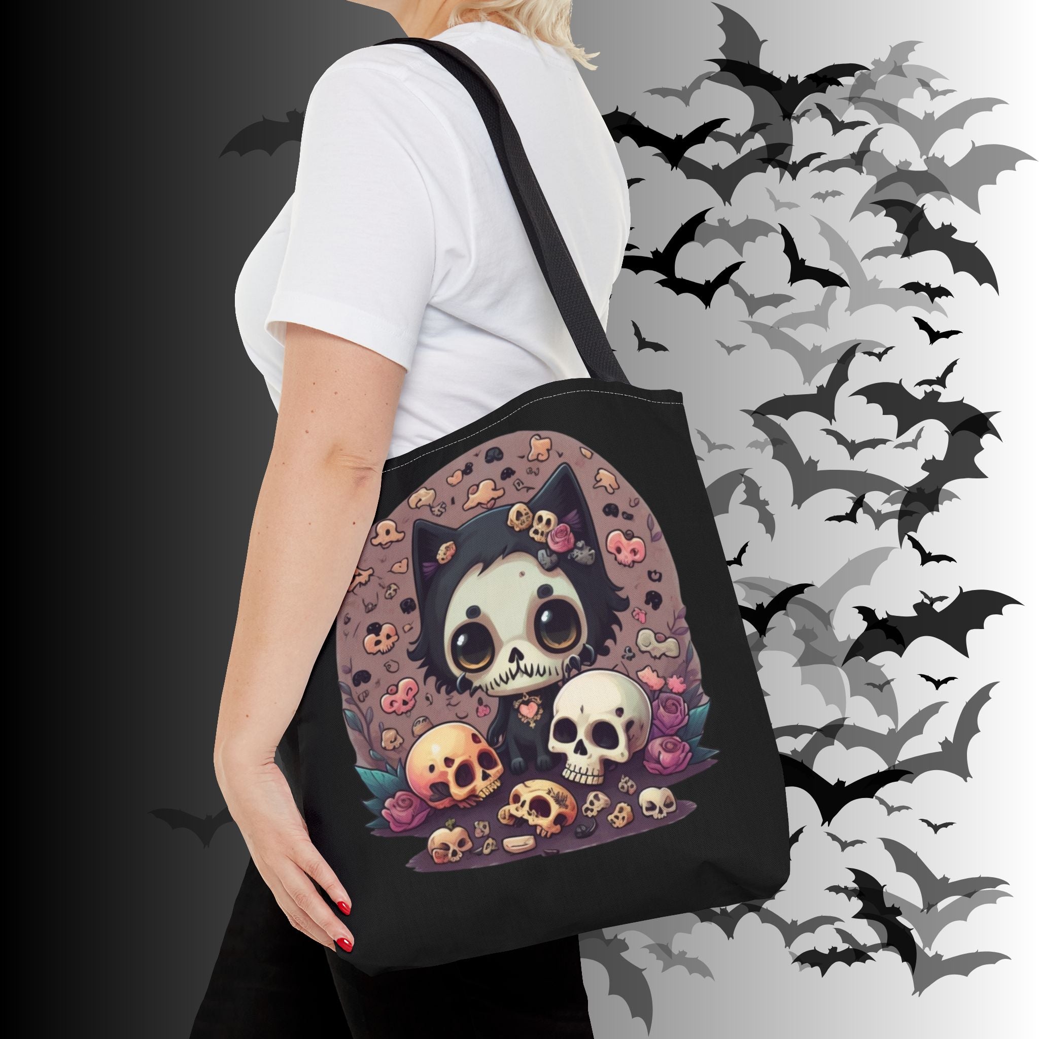 Kawaii Skull Cat Tote Bag — Gothic Cute Skull Illustration