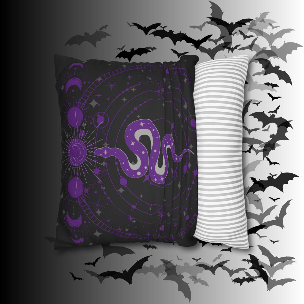 Purple Celestial Snake Moon Phases Throw Pillow — Witchy Gothic Dark Home Decor