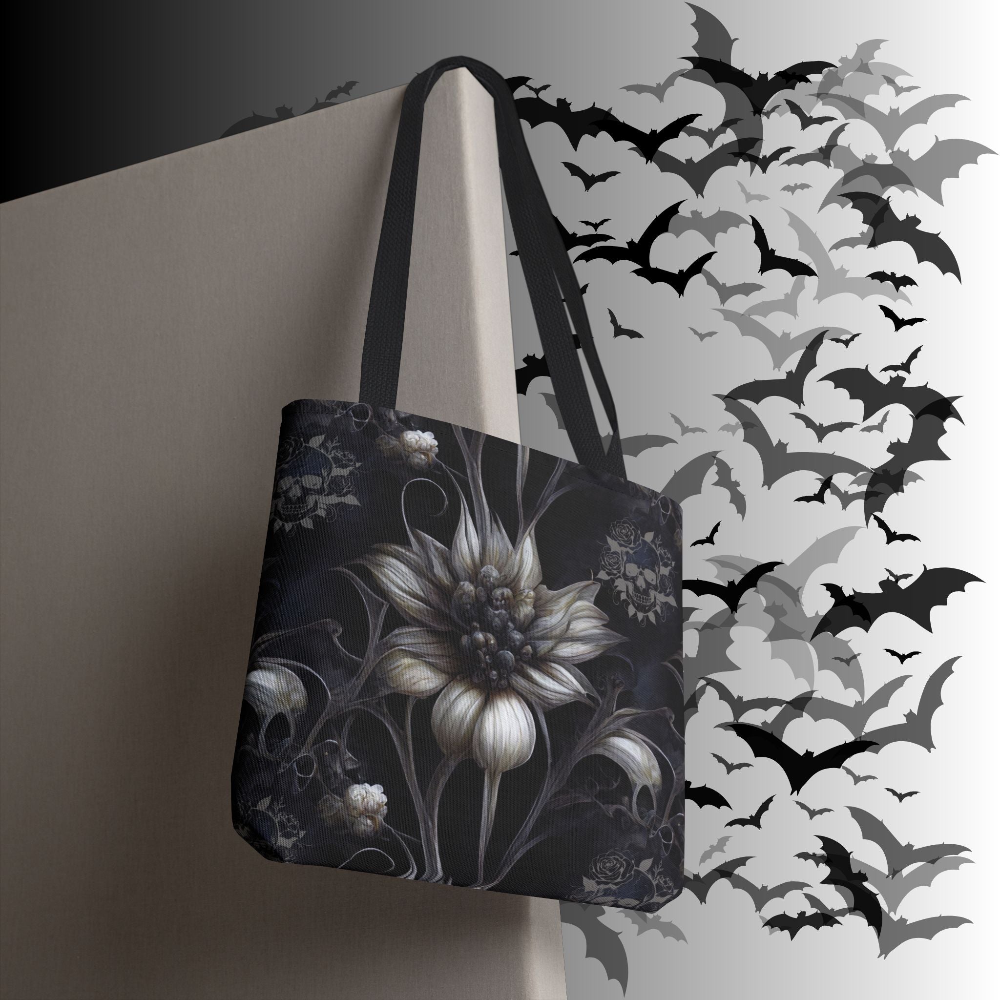 Gothic Botanical Skull Tote Bag — Dark Floral All-Over Print