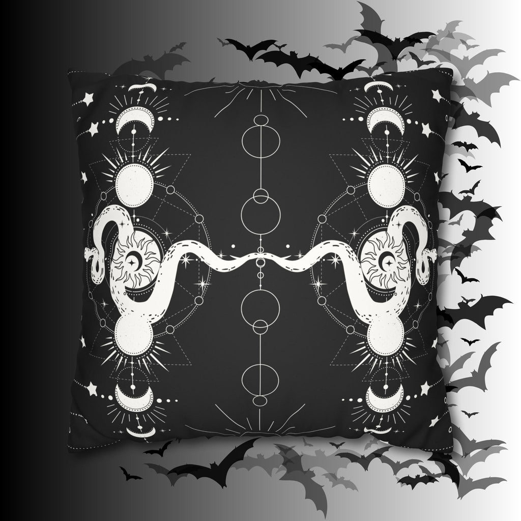 Celestial Snake Moon Phases Throw Pillow — Witchy Gothic Dark Home Decor