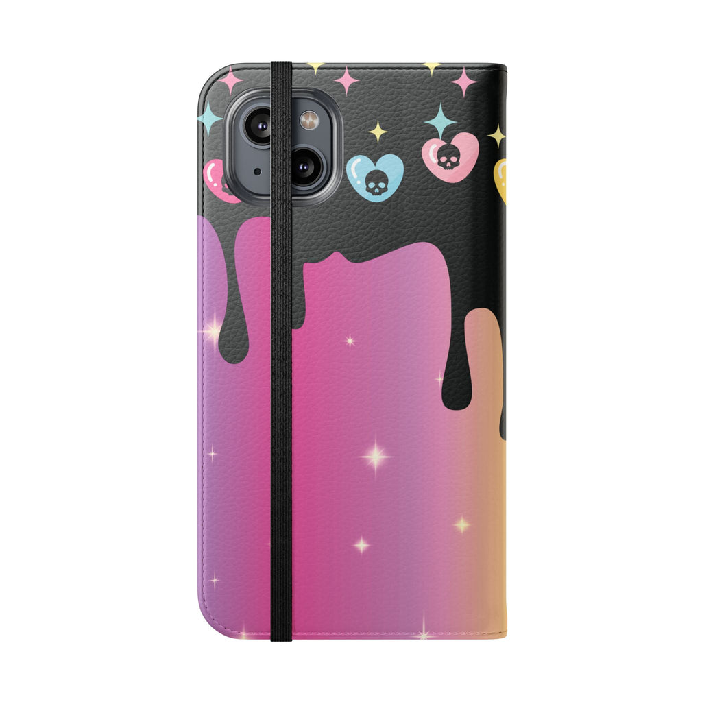 Pastel Goth Drippy Rainbow Skulls Flip Wallet Phone Case - Wallet Case for Samsung and iPhone - Gothic Style Wallet Phone Cases