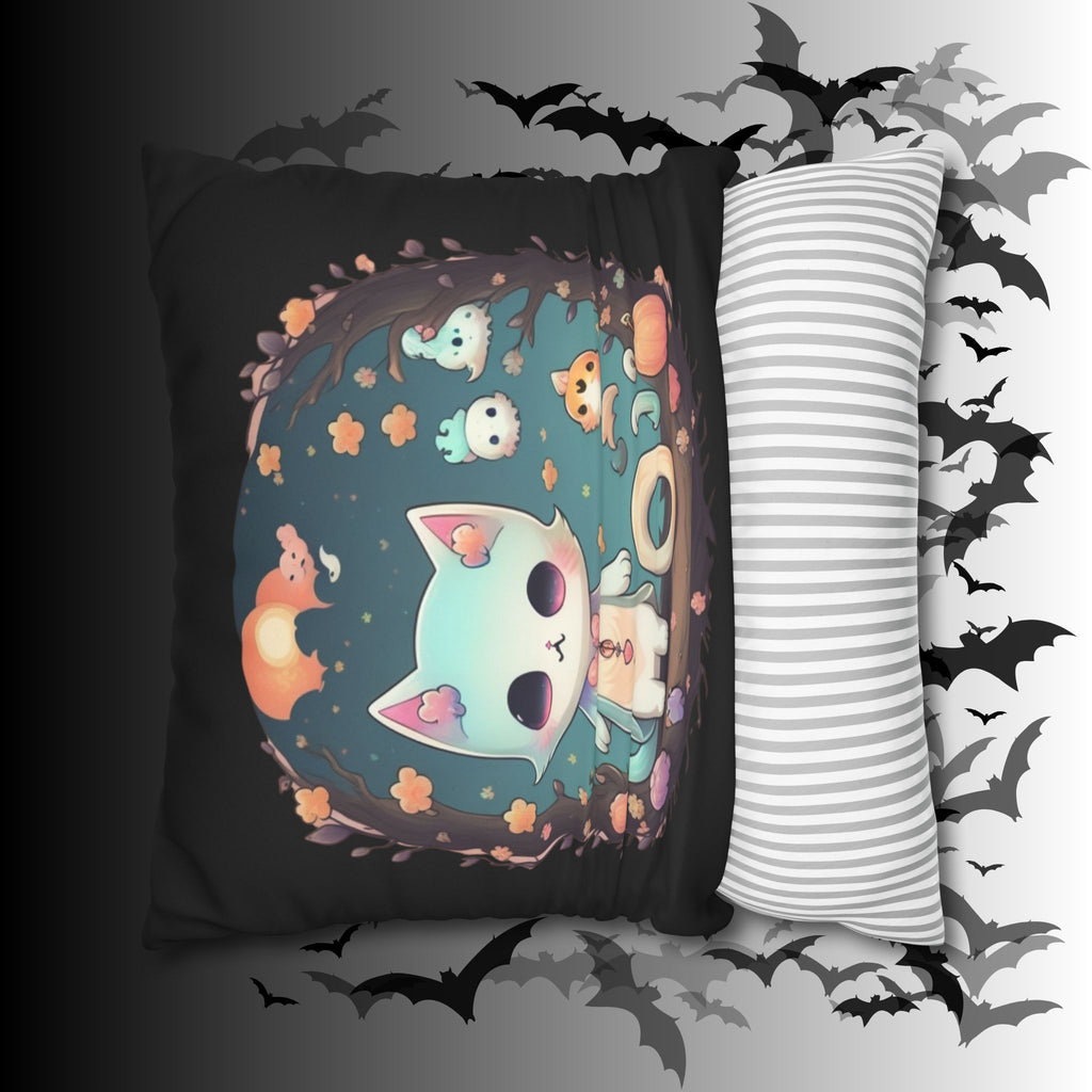 Creepy Cute Pastel Goth Cat Throw Pillow — Kawaii Halloween Dark Home Decor