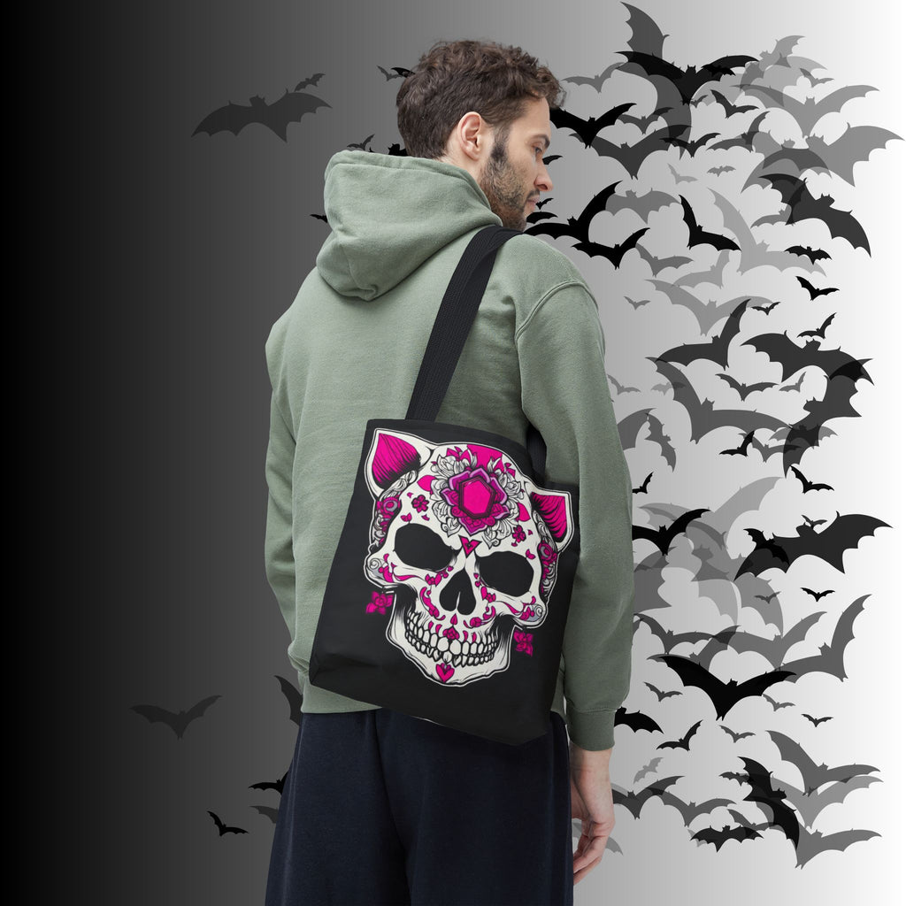 Pink Sugar Skull Cat Tote Bag — Day of the Dead Floral Design