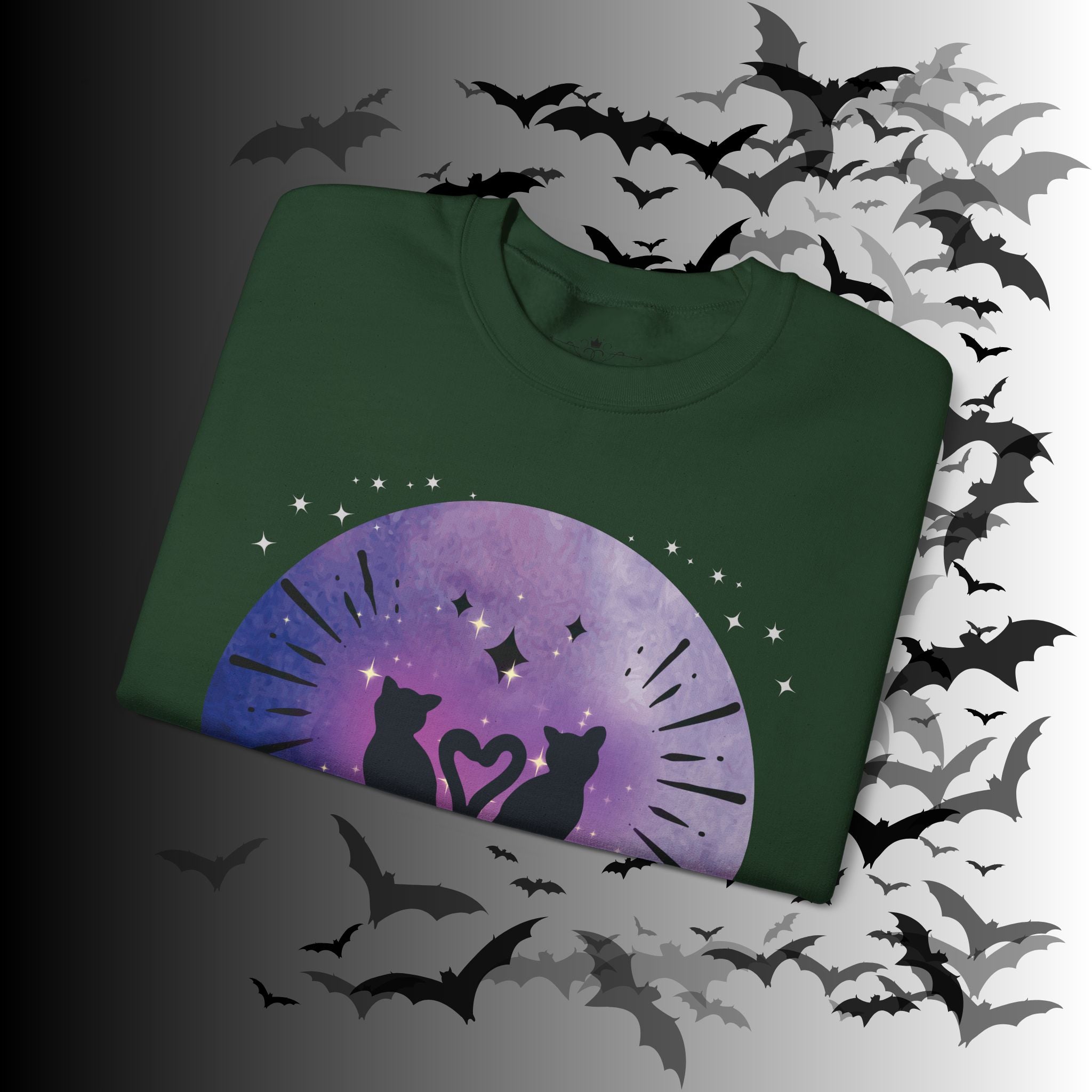 Celestial Twin Cats Heart Moon Crewneck Sweatshirt — Witchy Moon Phase