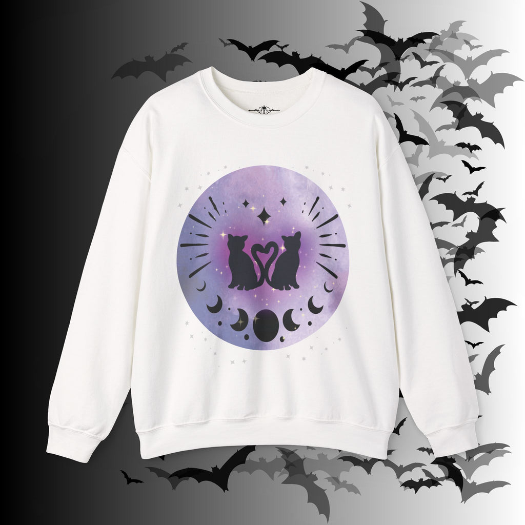 Celestial Twin Cats Heart Moon Crewneck Sweatshirt — Witchy Moon Phase
