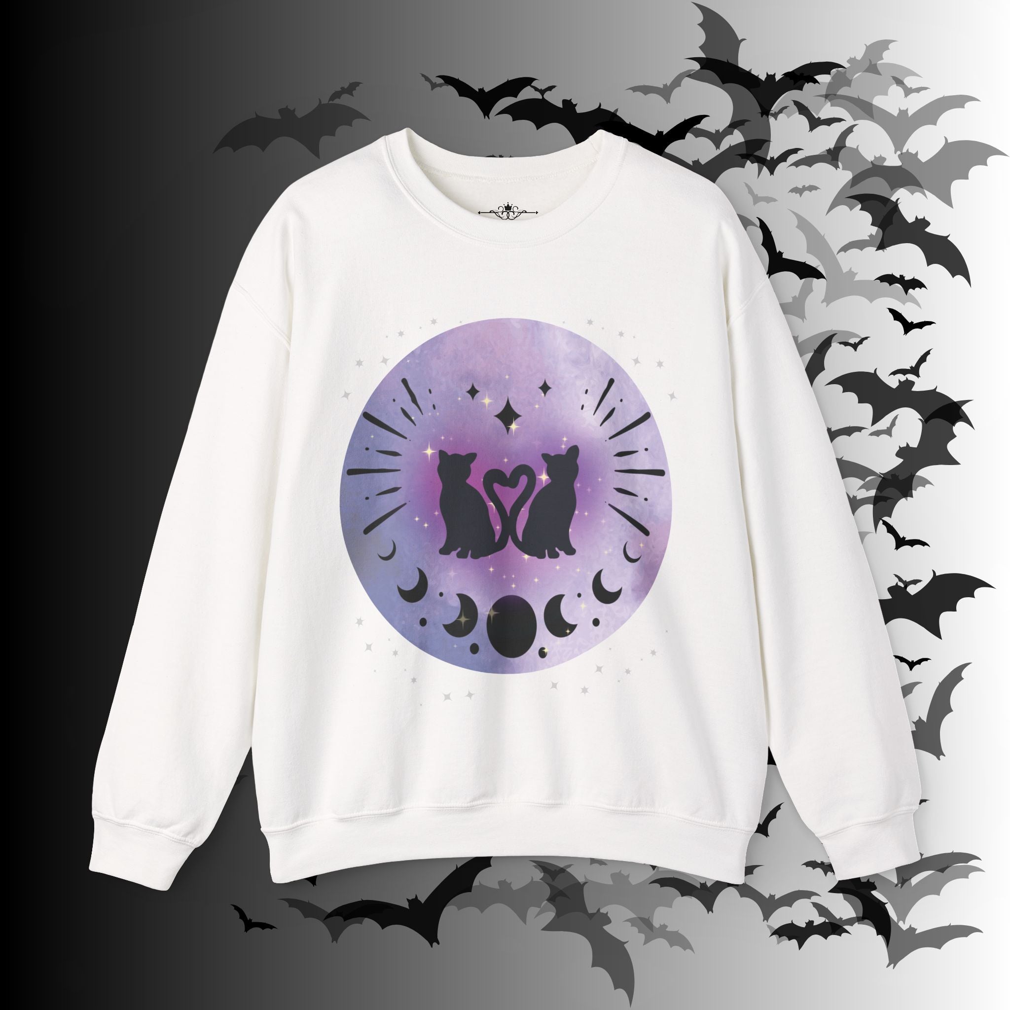 Celestial Twin Cats Heart Moon Crewneck Sweatshirt — Witchy Moon Phase