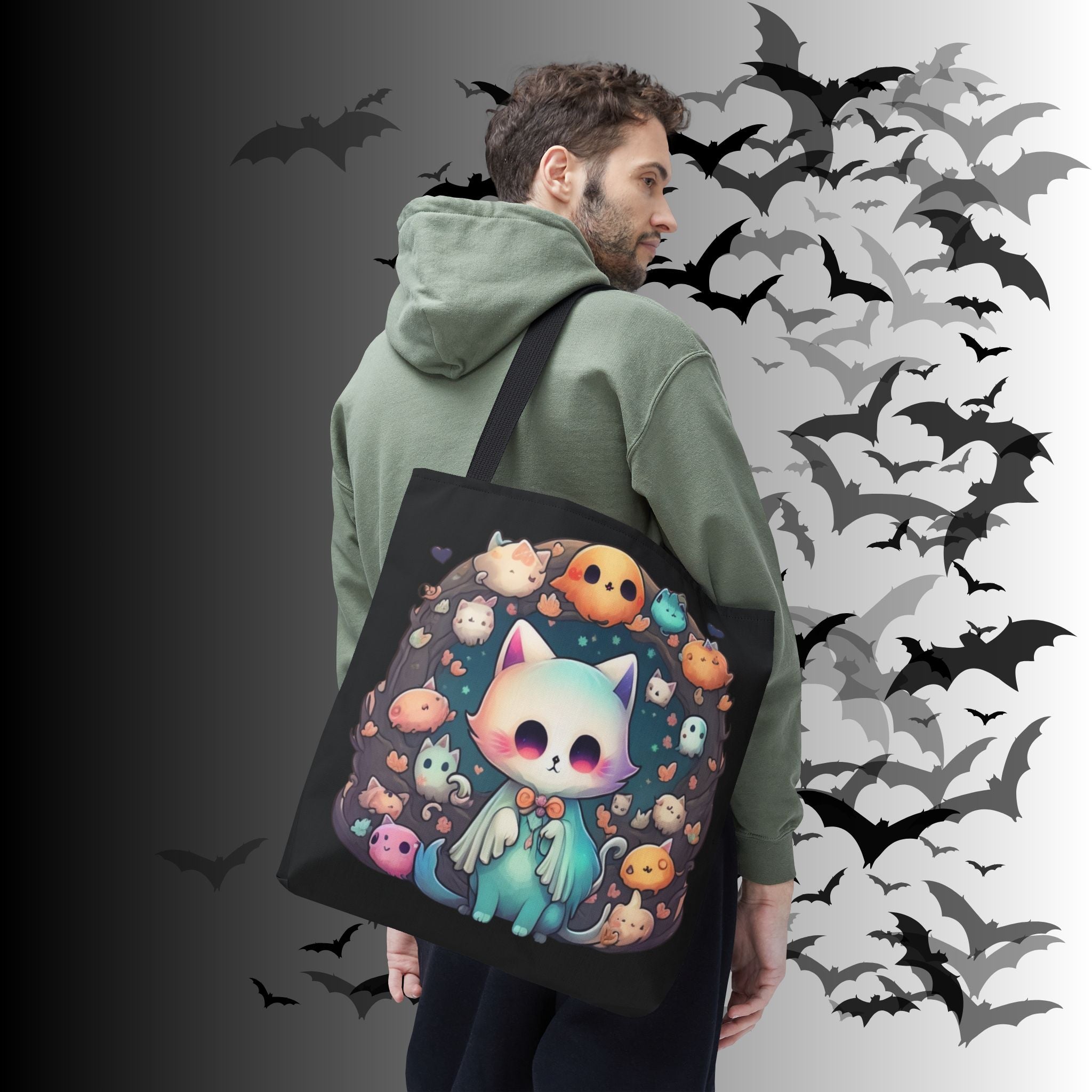 Pastel Goth Ghost Cat Tote Bag — Kawaii Spooky All-Over Print