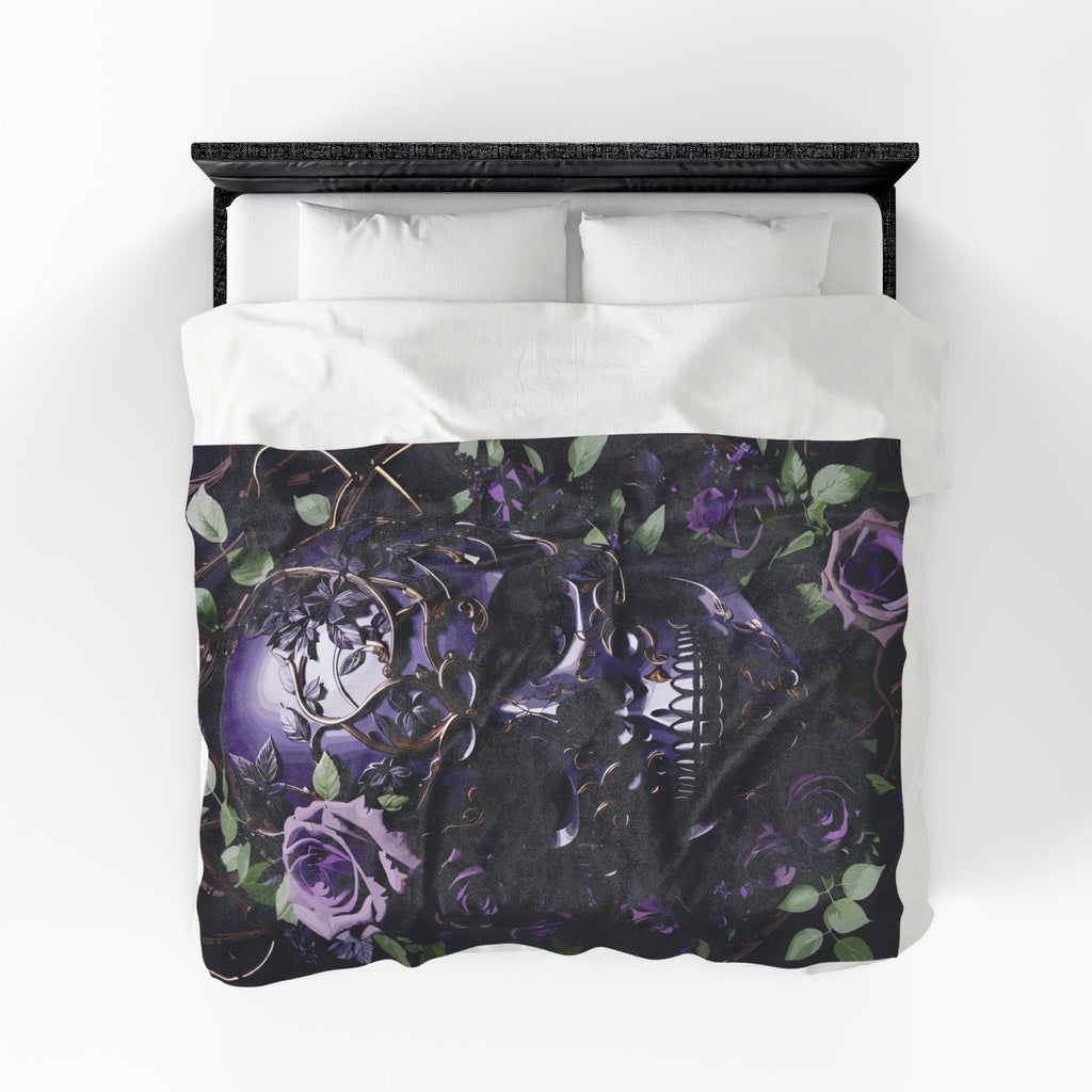 Gothic Black & Purple Botanical Skull Throw Blanket — Dark Floral Home Decor