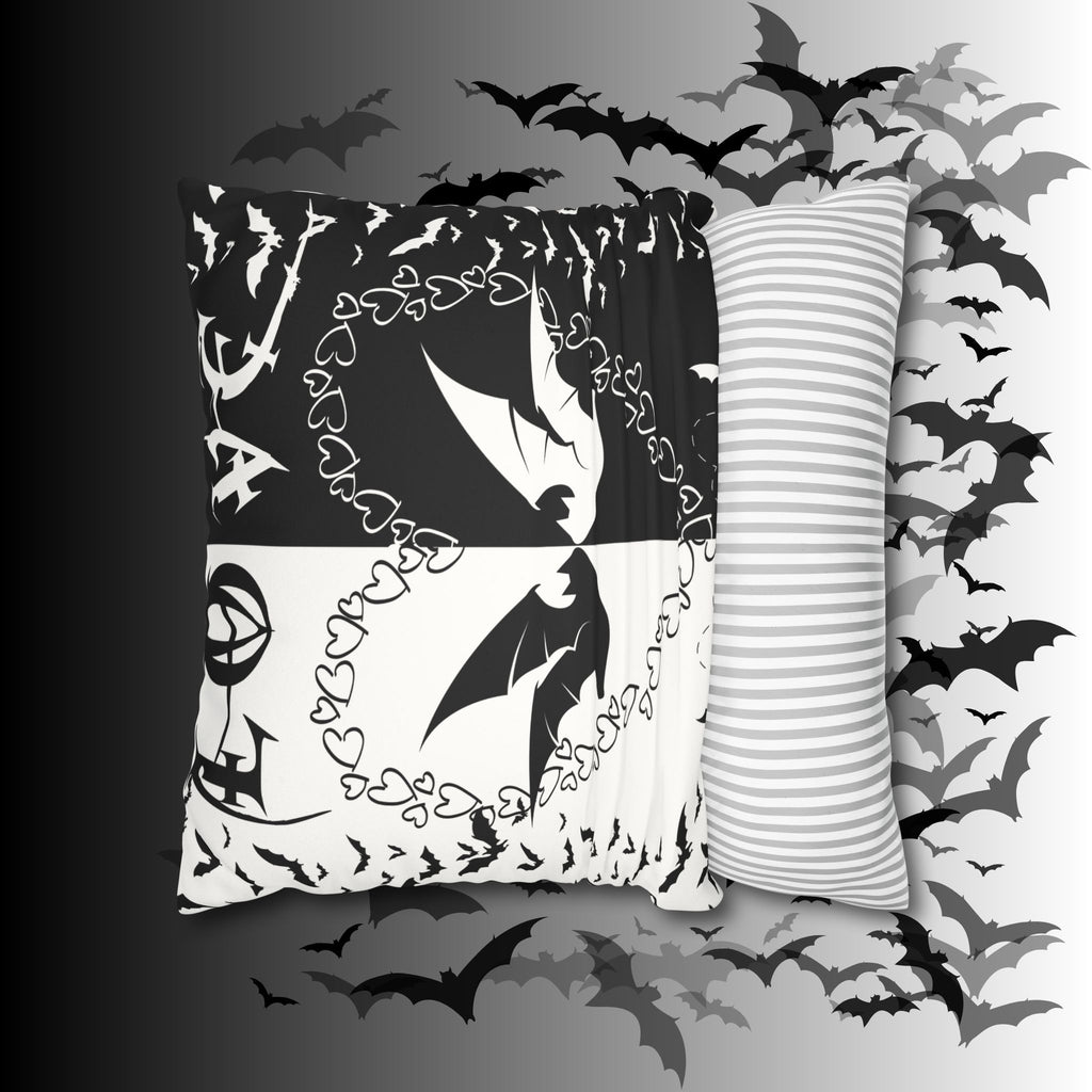 Gothic Bats Heart Throw Pillow — Black White Halloween Dark Home Decor