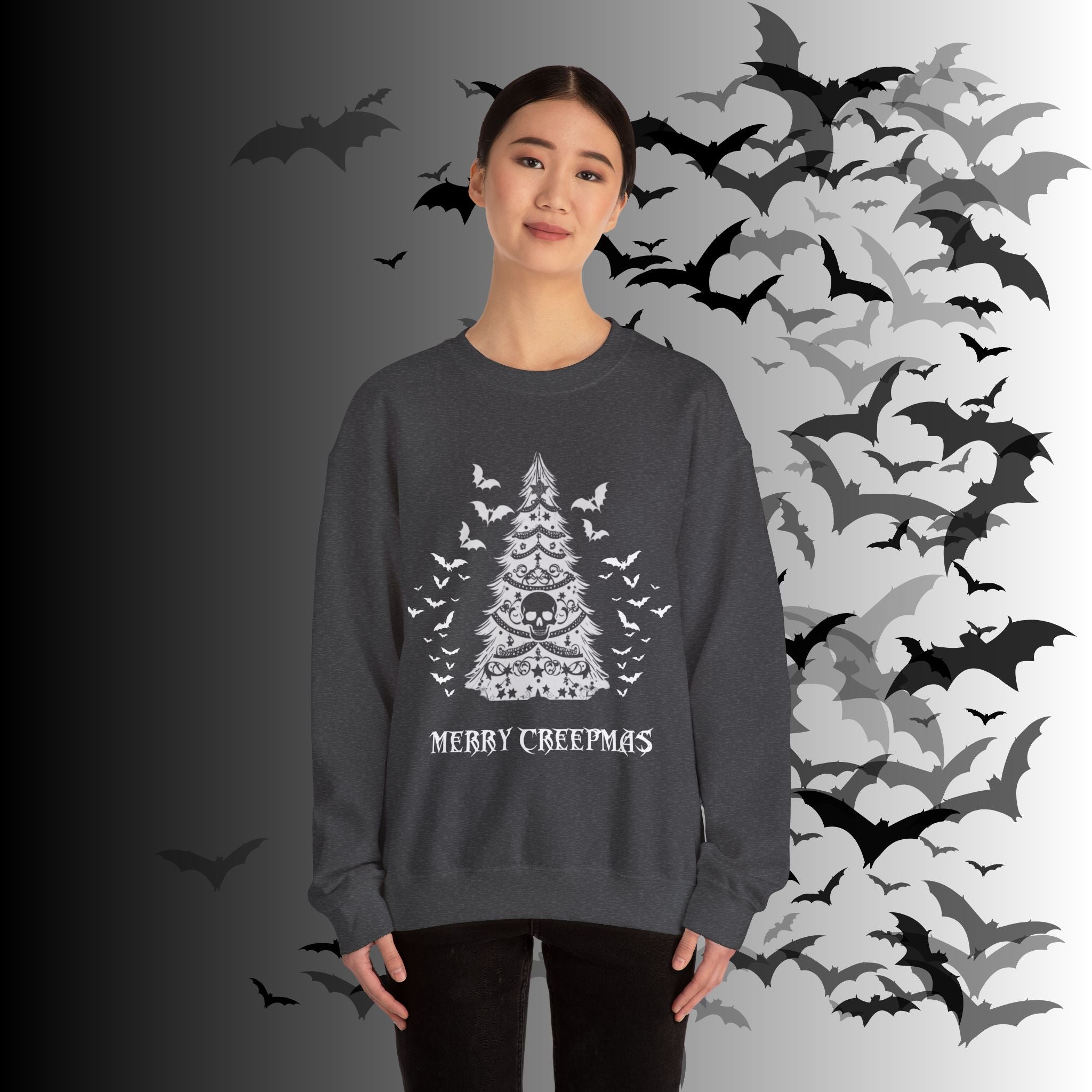 Merry Creepmas Tree Crewneck Sweatshirt — Gothic Christmas Skull Bat