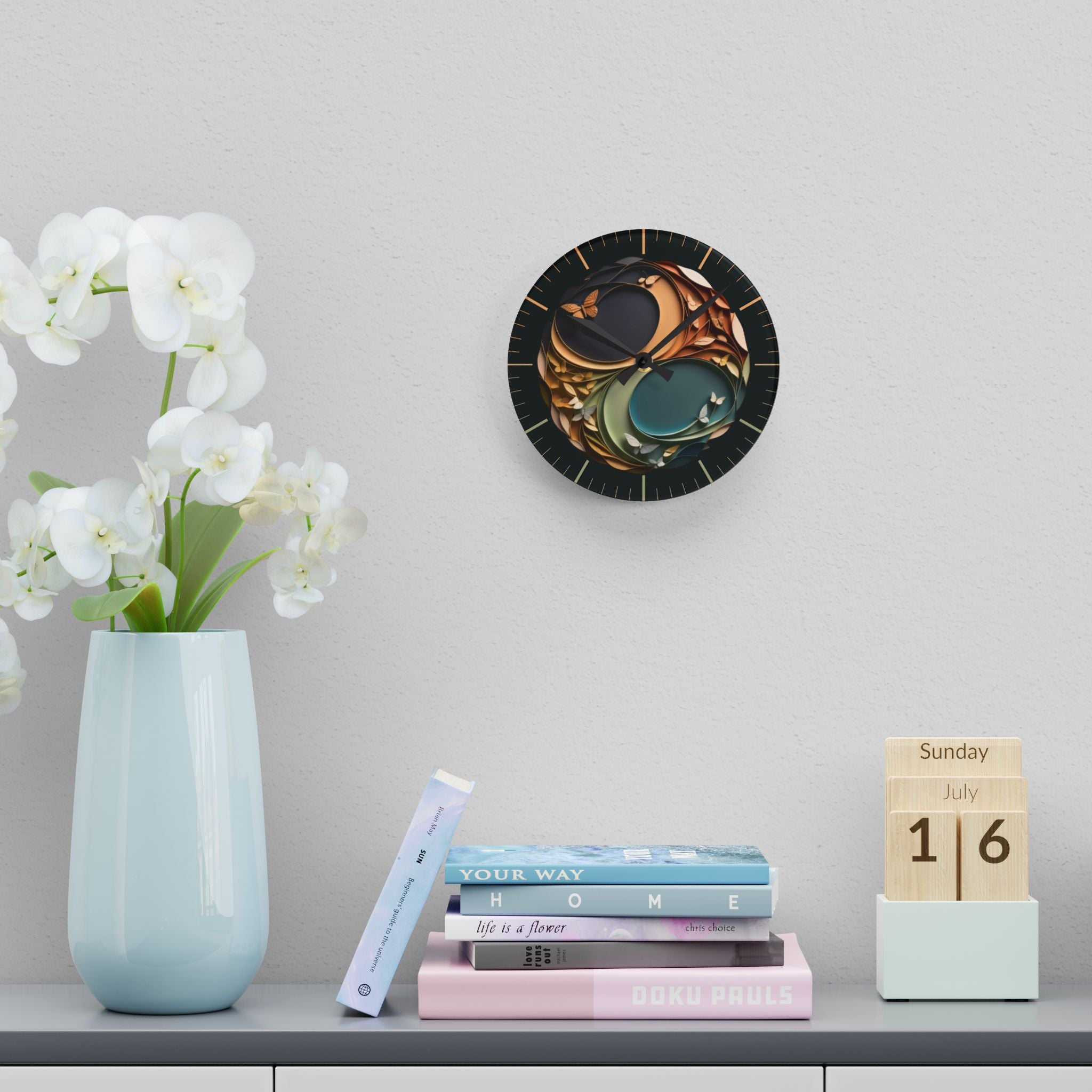 Origami Style Yin Yang Butterfly Acrylic Art Print Wall Clock — NOT Real Origami, Zen Home Decor