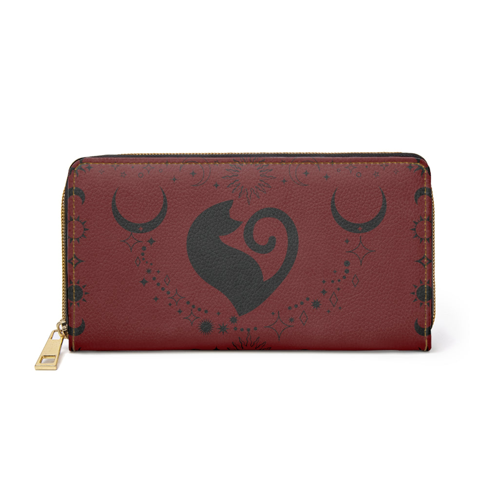 Gothic Celestial Cat Heart Wallet | Crimson Moon Faux Leather Zipper Clutch