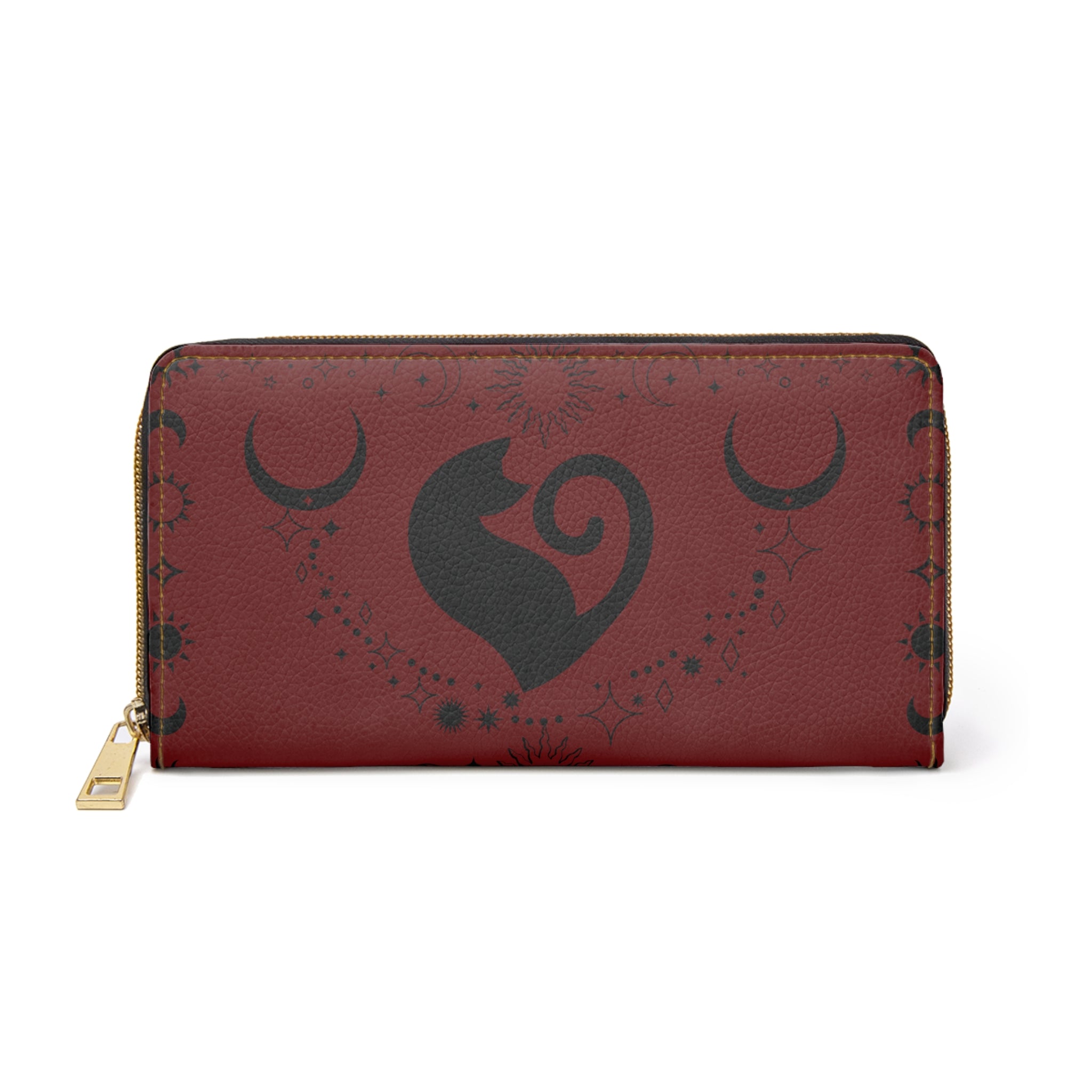 Gothic Celestial Cat Heart Wallet | Crimson Moon Faux Leather Zipper Clutch