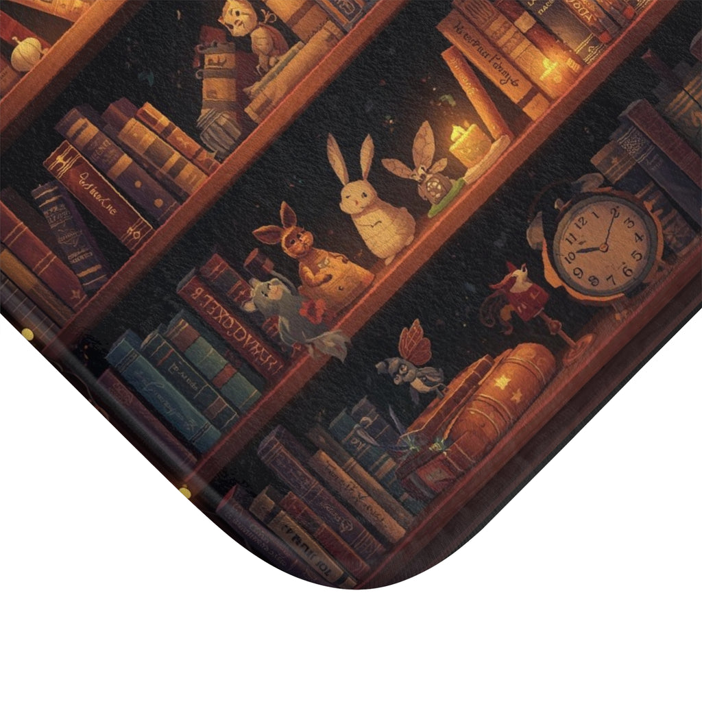 Whimsical Rabbit Bookcase Bath Mat — Cozy Fantasy Book Lover Bathroom Decor