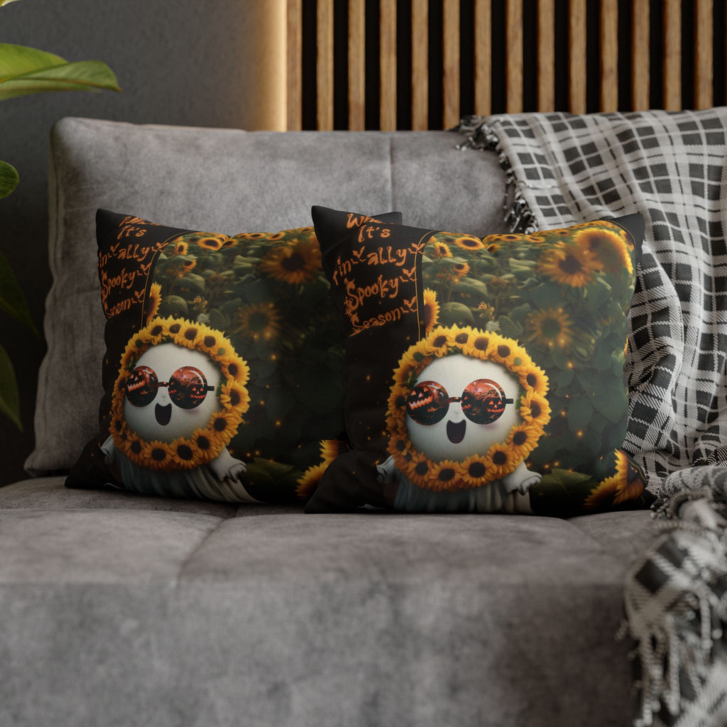 Spooky Season Ghost Sunflower Throw Pillow — Halloween Dark Home Decor
