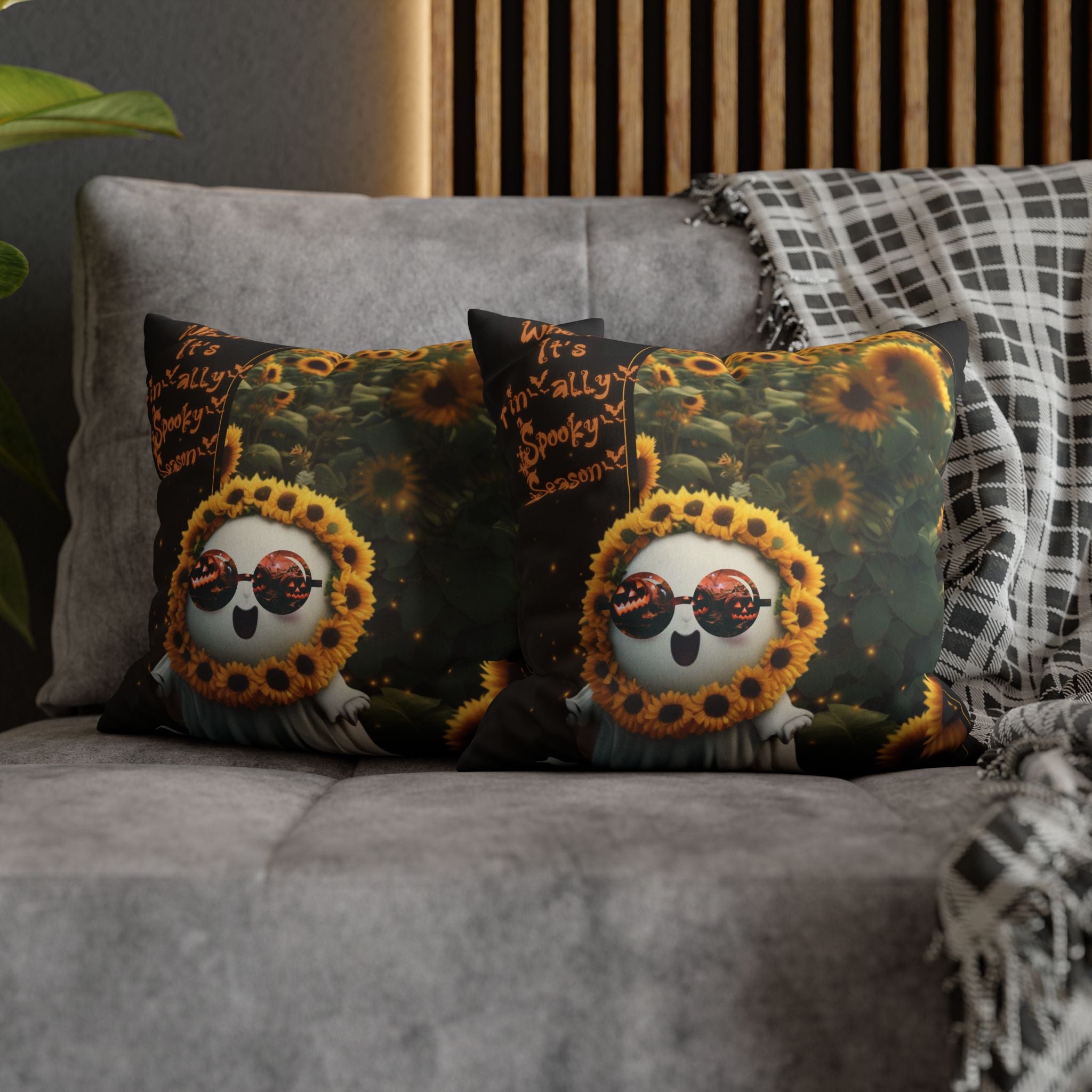 Spooky Season Ghost Sunflower Throw Pillow — Halloween Dark Home Decor