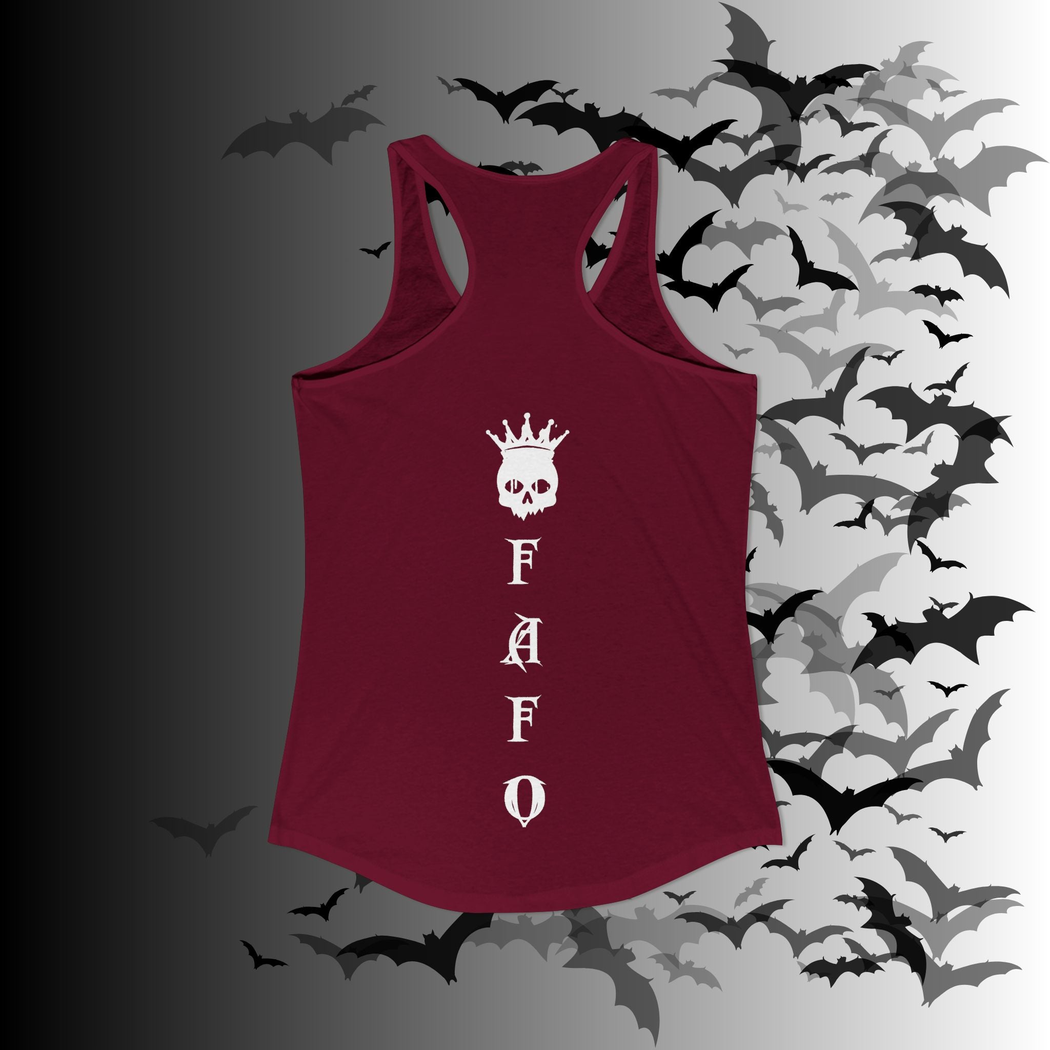 "FAFO" I Identify As A Threat Racerback Tank Top — Gothic Humor Front & Back
