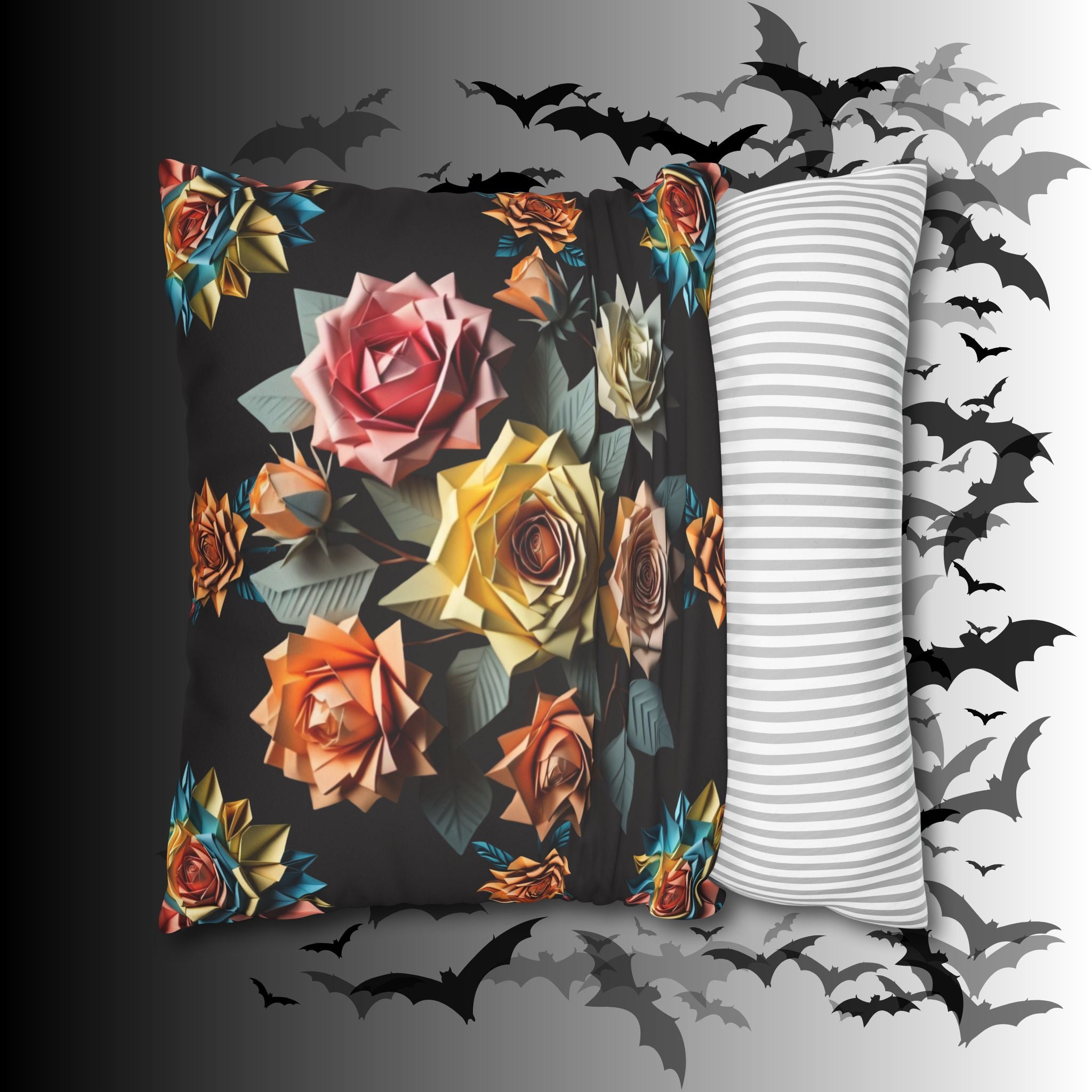 Gothic Origami Rose Throw Pillow — Dark Floral Botanical Home Decor