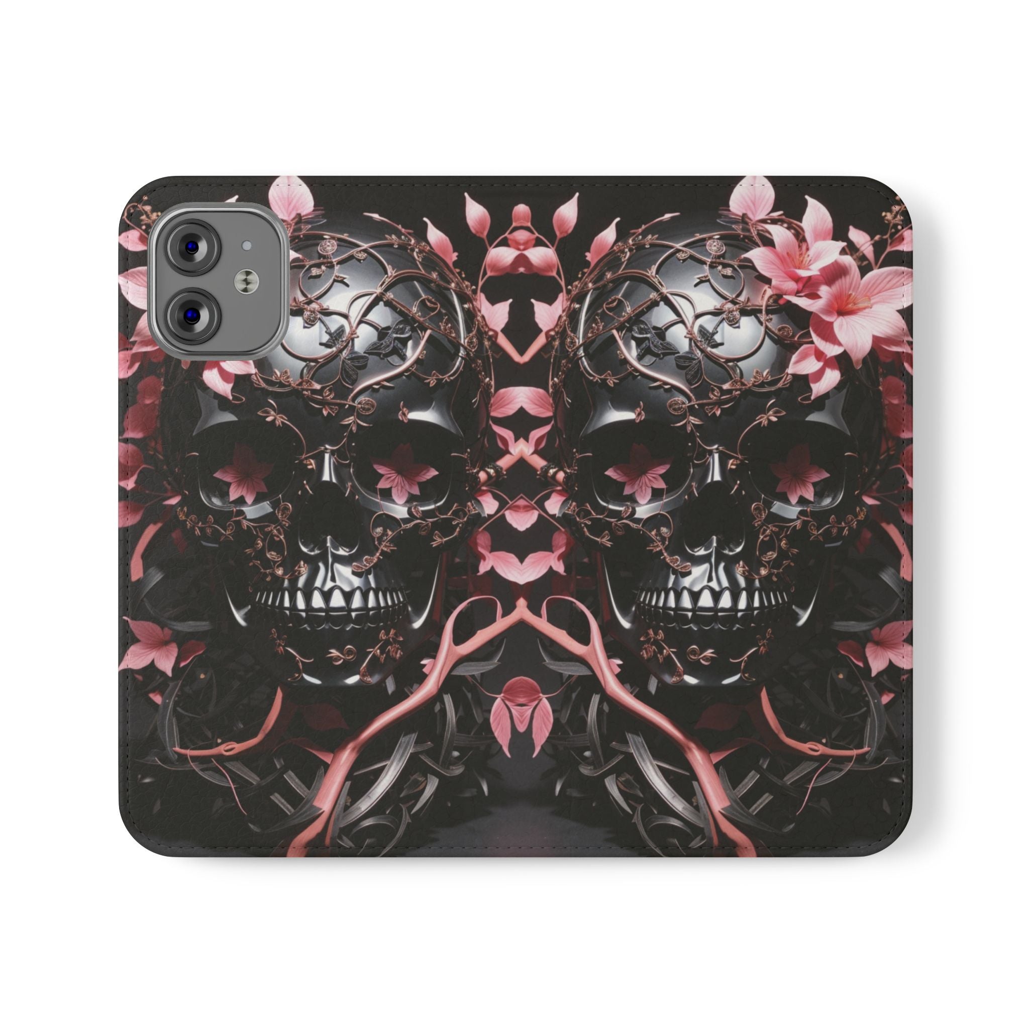 Pink Pastel Goth Skull Flip Wallet Phone Case - Skull Wallet Case for Samsung iPhone - Gothic Style Skull Wallet Phone Cases