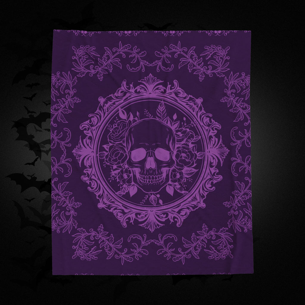 Gothic Purple Skull Botanical Throw Blanket — Tonal Dark Elegance