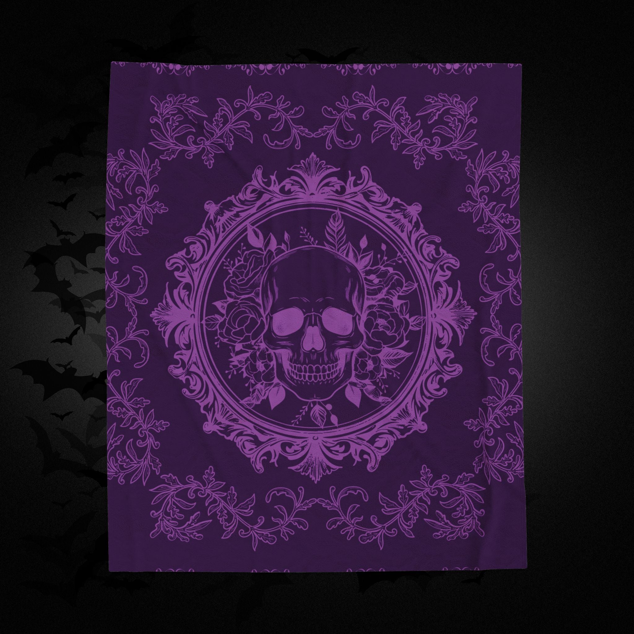 Gothic Purple Skull Botanical Throw Blanket — Tonal Dark Elegance