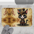 Steampunk bath mat with a kawaii tuxedo cat in brass goggles and top hat on an aged parchment background with mirrored rust-toned gear and cog patterns displayed on marble tile flooring