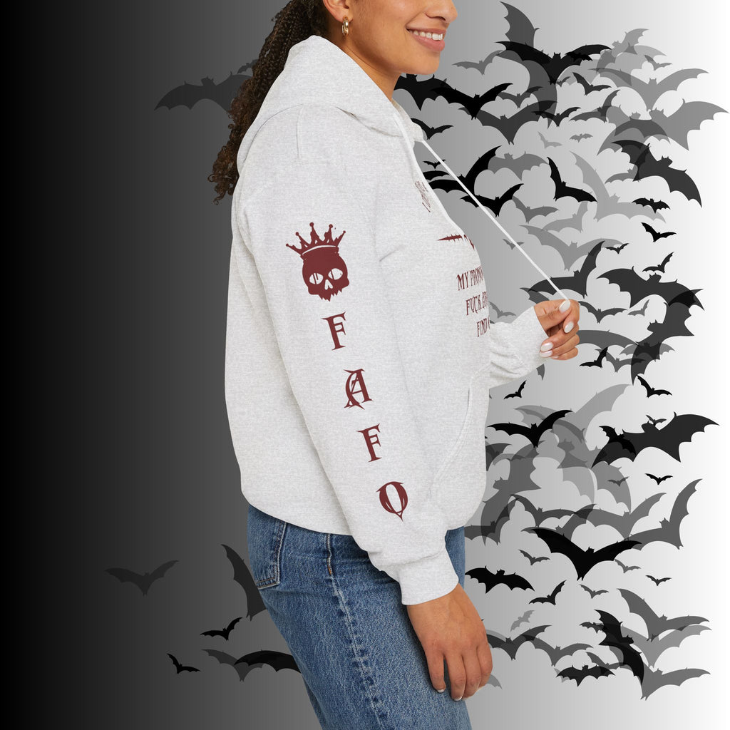 I Identify As a Threat Hoodie — Gothic Skull Sleeve Print Fuck Around Find Out