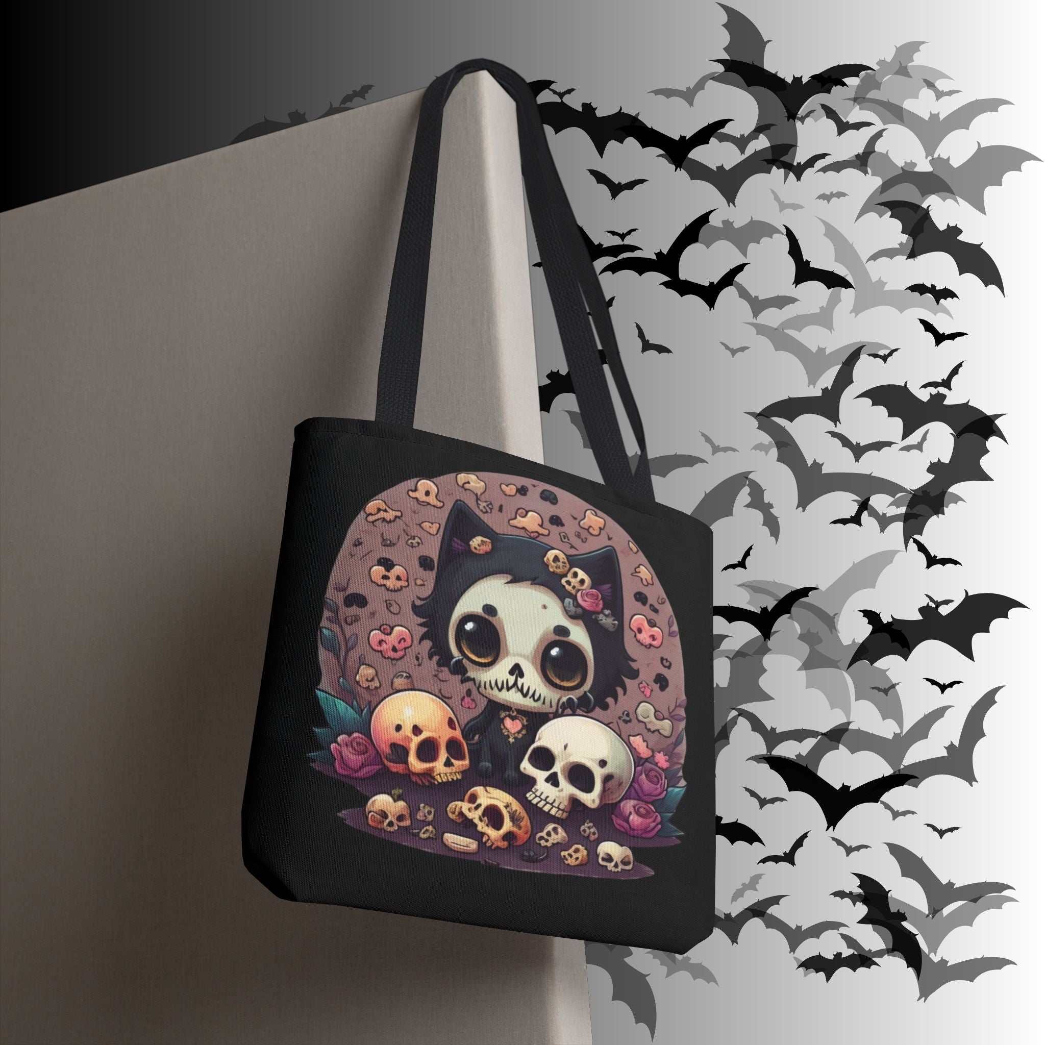 Kawaii Skull Cat Tote Bag — Gothic Cute Skull Illustration