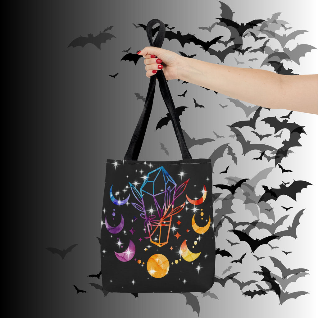 Rainbow Crystal Moon Phase Tote Bag — Celestial Witchy Print