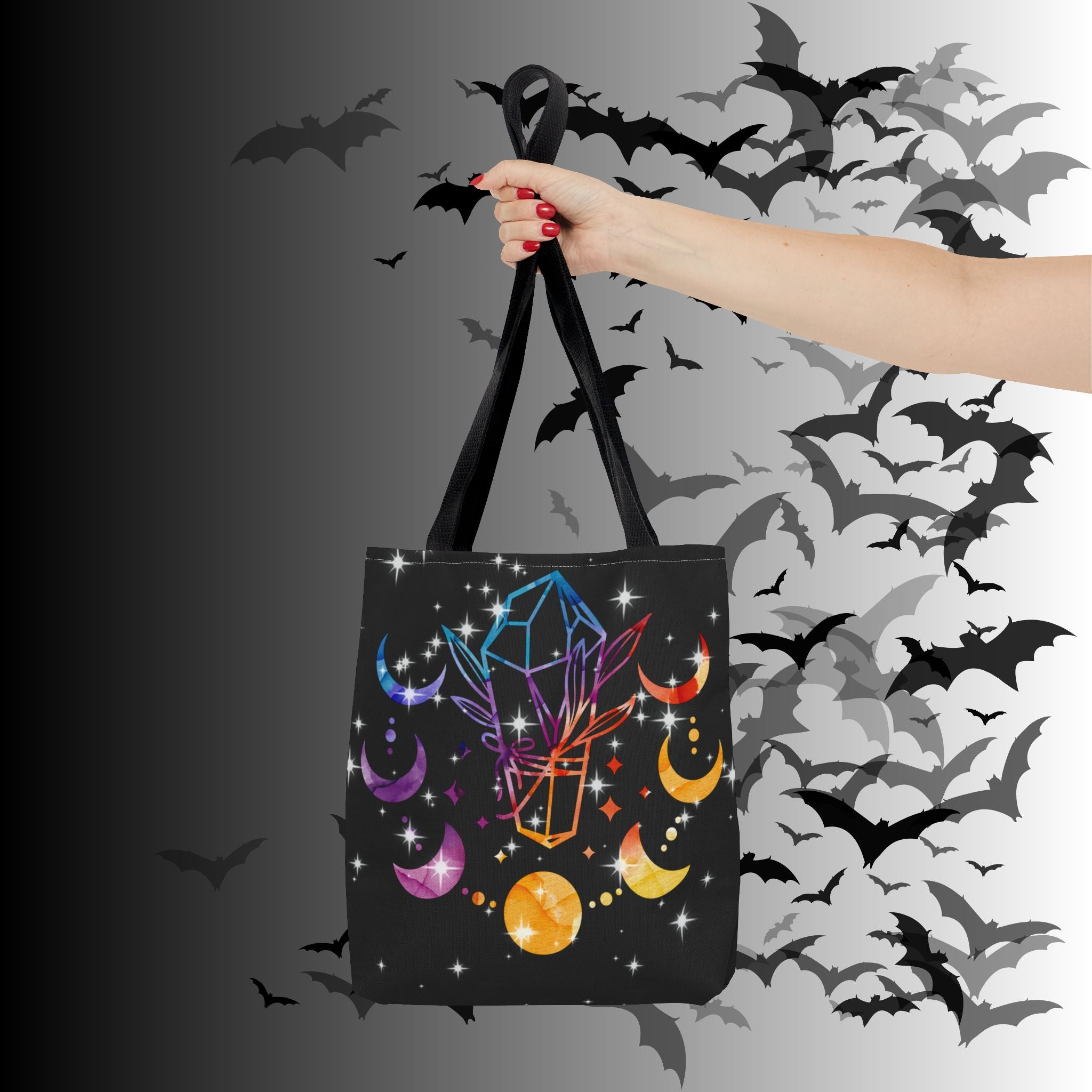 Rainbow Crystal Moon Phase Tote Bag — Celestial Witchy Print