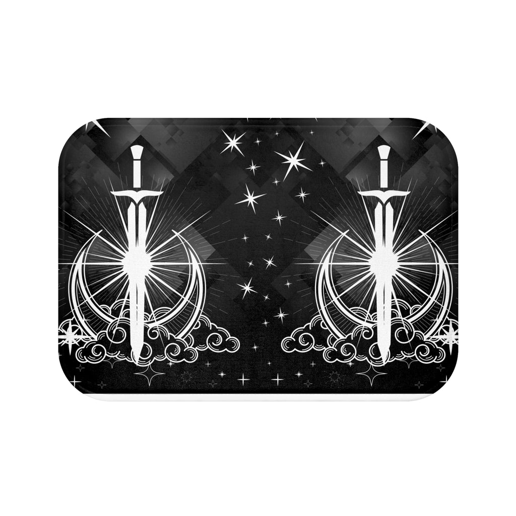 Gothic Celestial Sword Crescent Moon Bath Mat — Starry Night Bathroom Decor