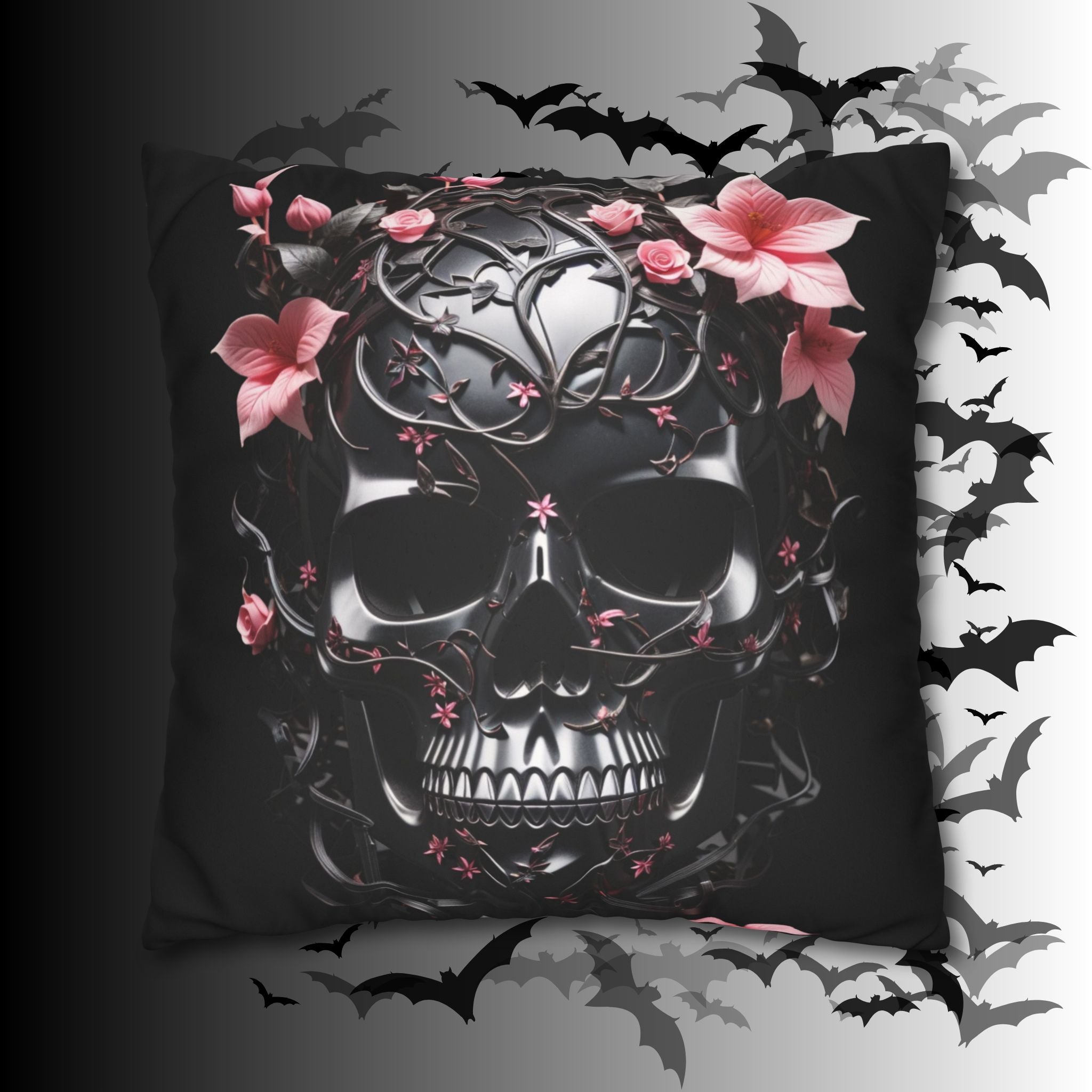 Gothic Botanical Skull Throw Pillow — Dark Floral Pastel Goth Home Decor