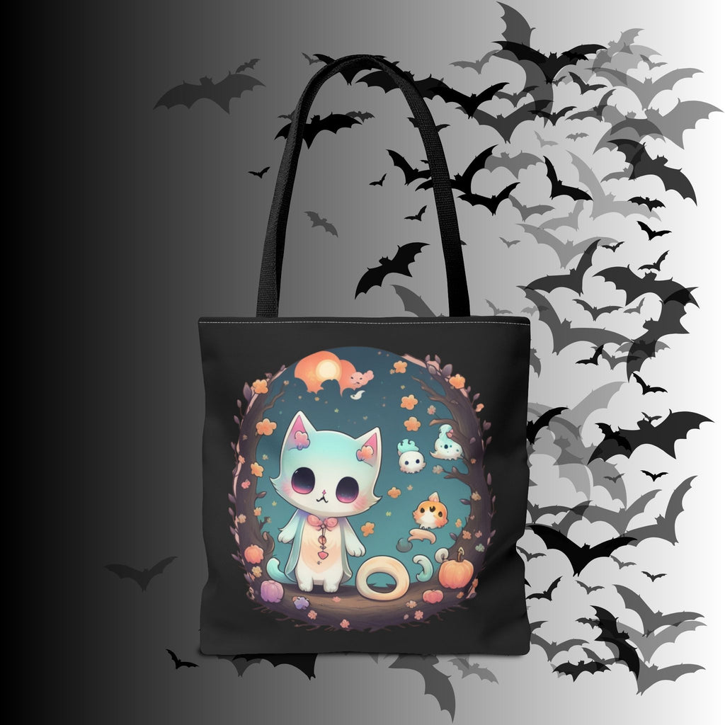 Pastel Goth Kawaii Cat Halloween Tote Bag — Moonlit Forest Scene