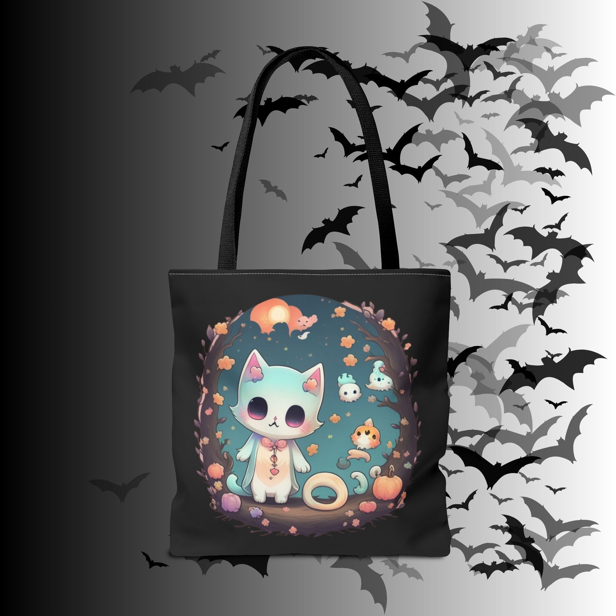Pastel Goth Kawaii Cat Halloween Tote Bag — Moonlit Forest Scene