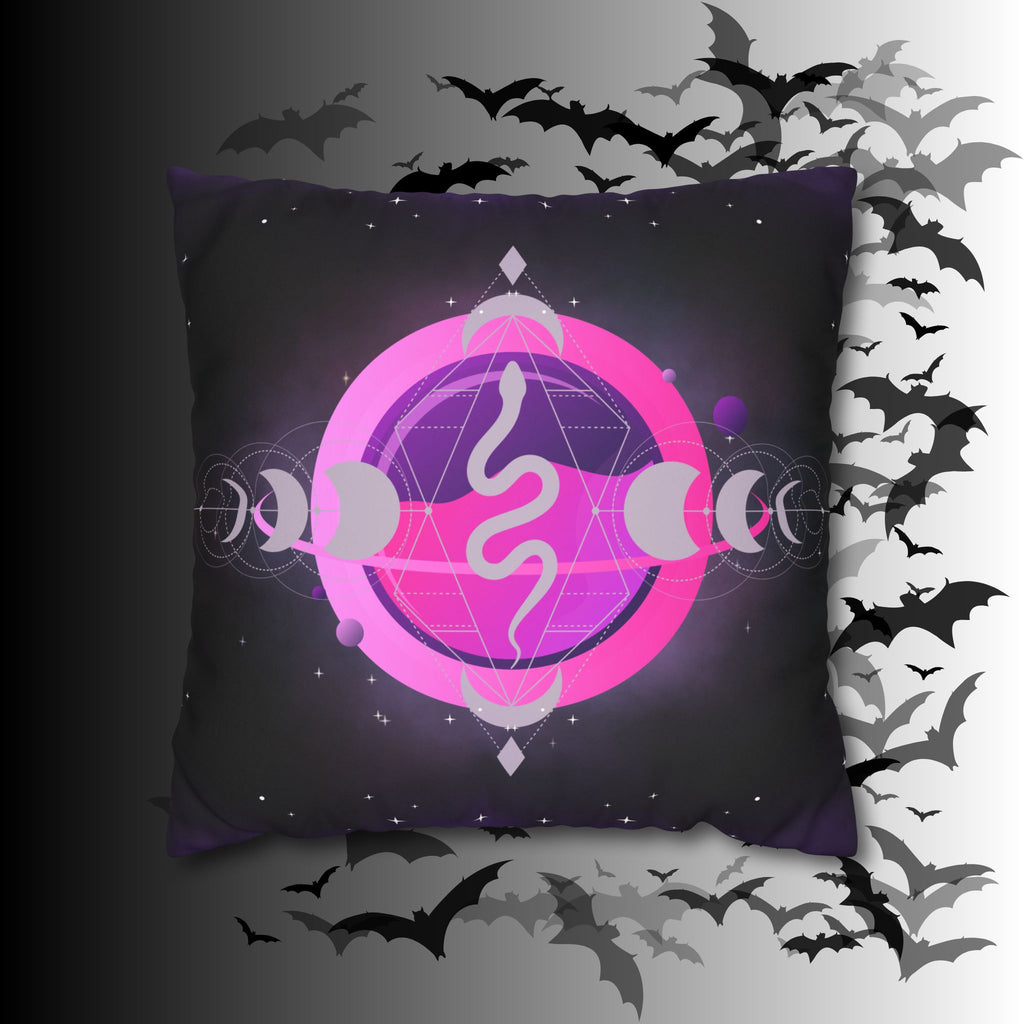 Pastel Goth Celestial Snake Moon Phases Throw Pillow — Witchy Dark Home Decor