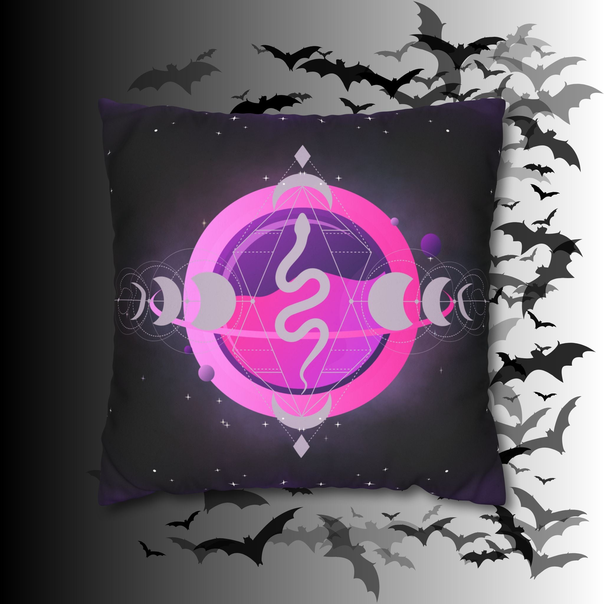 Pastel Goth Celestial Snake Moon Phases Throw Pillow — Witchy Dark Home Decor