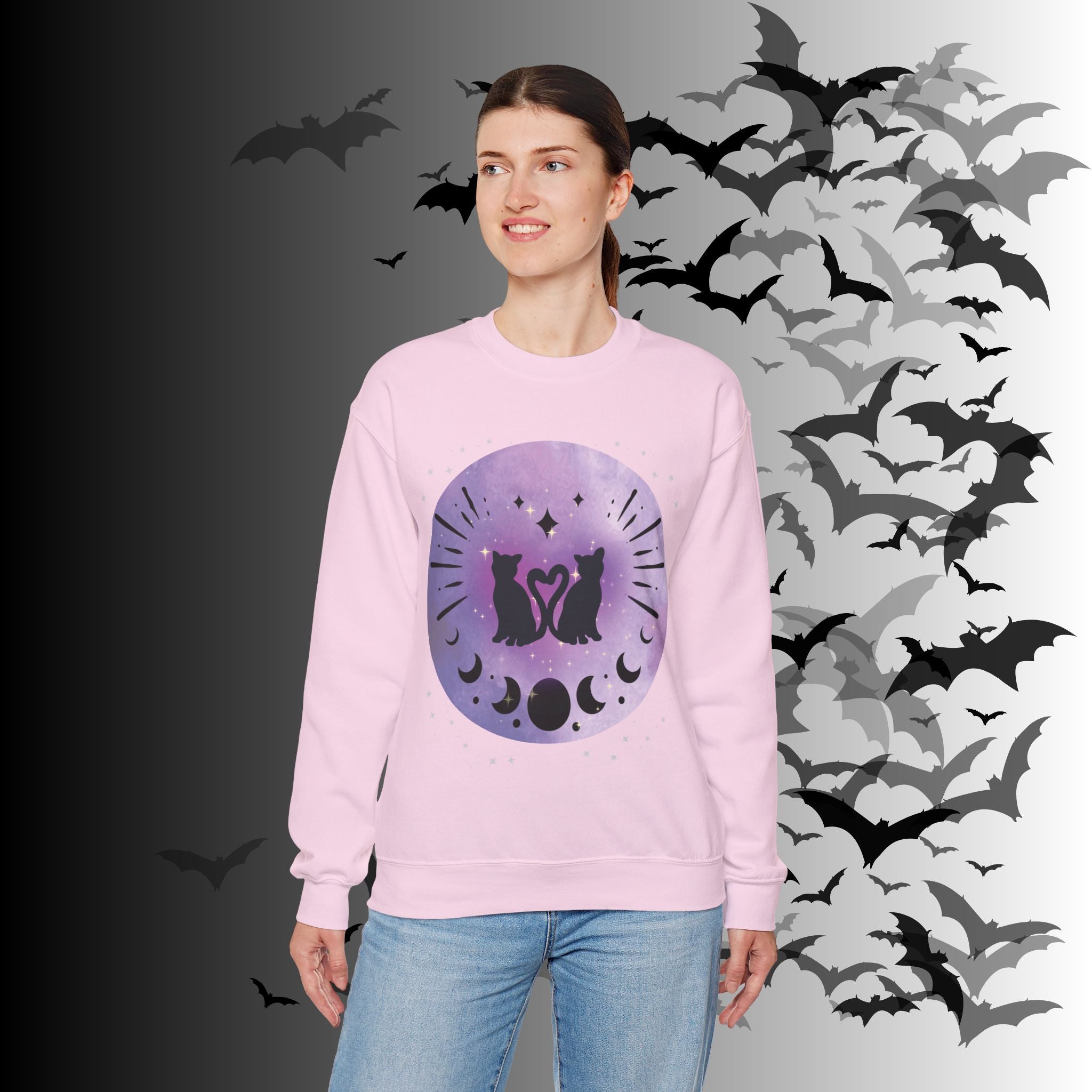 Celestial Twin Cats Heart Moon Crewneck Sweatshirt — Witchy Moon Phase