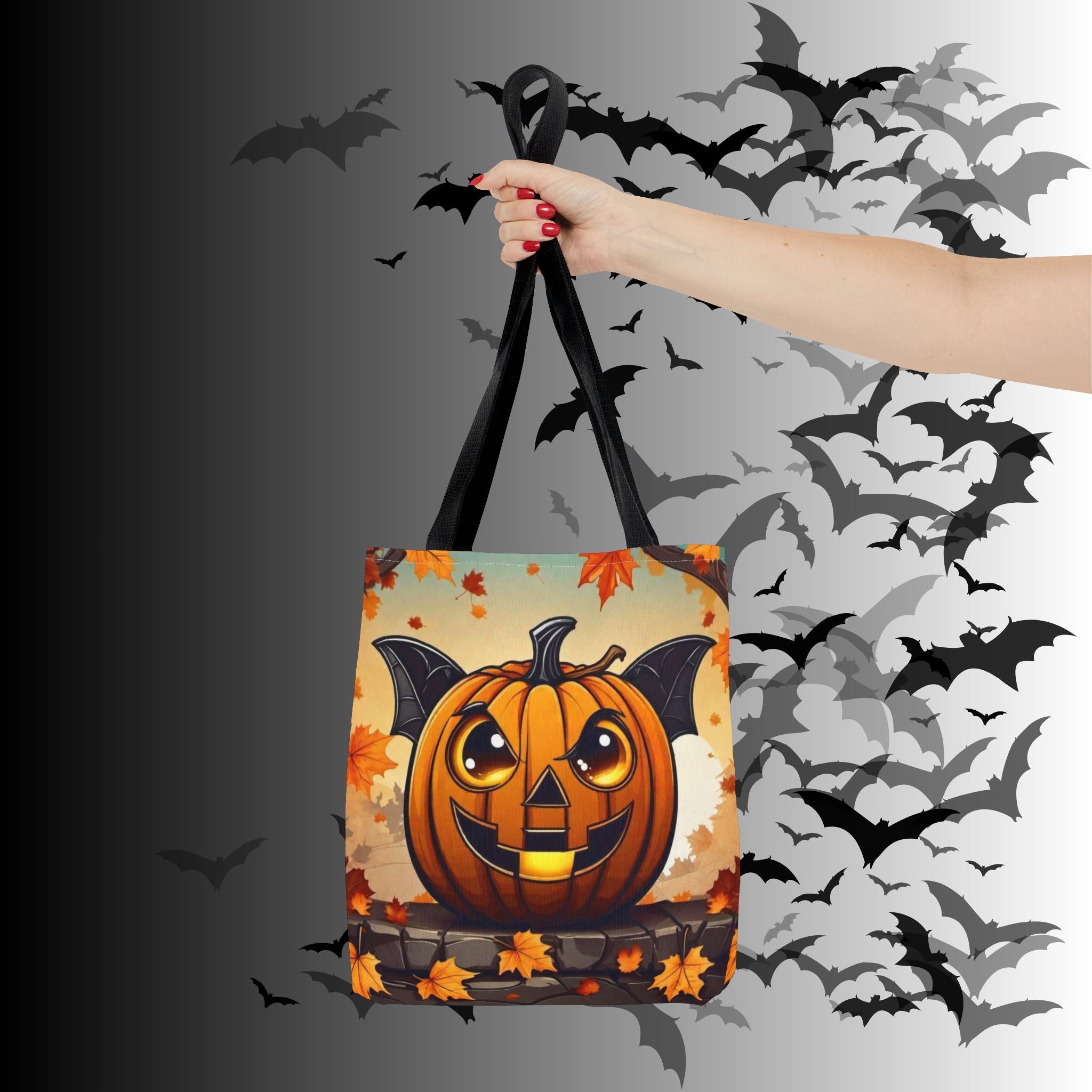 Bat Wing Jack-o'-Lantern Halloween Tote Bag — Autumn Leaves Print