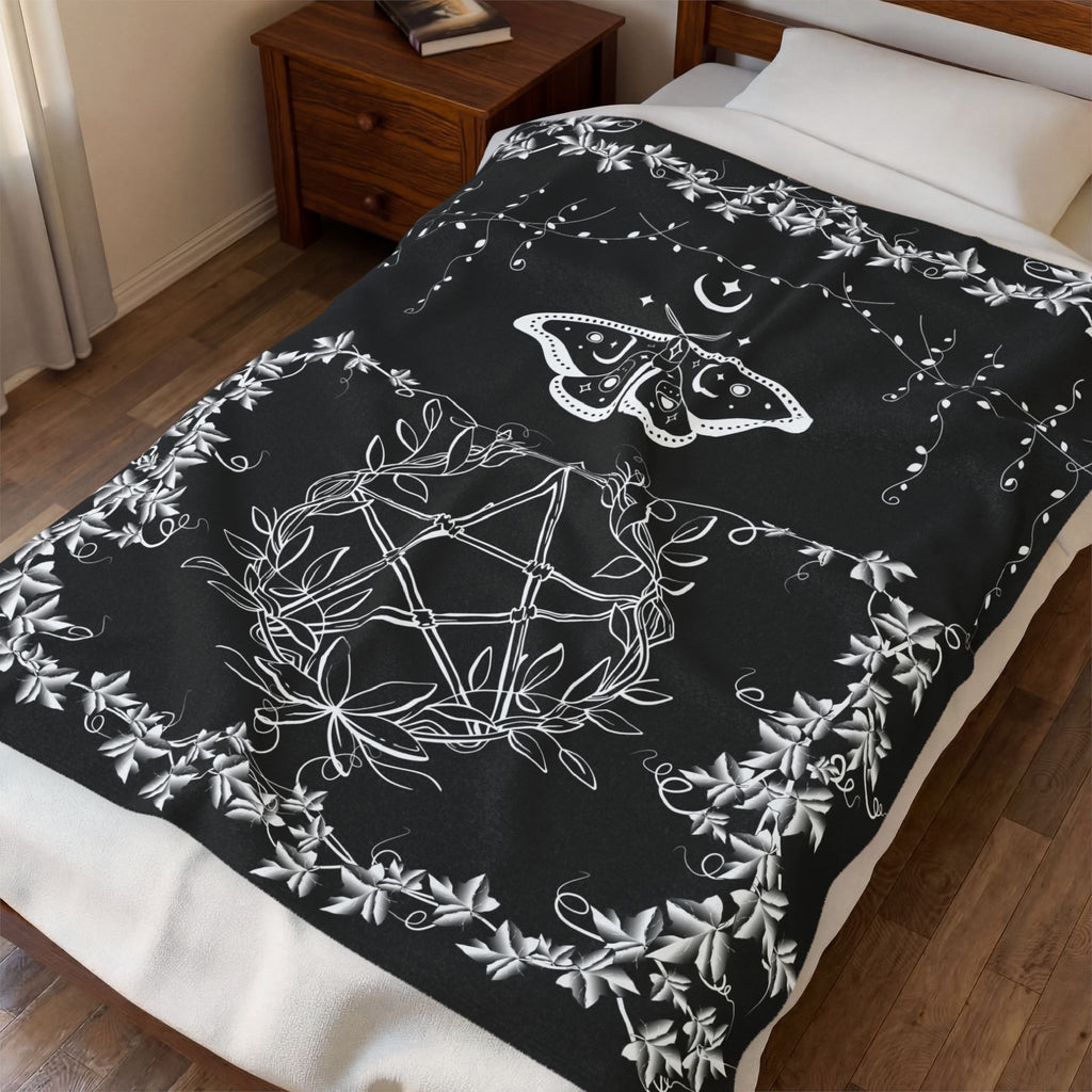 Witchy Luna Moth Pentagram Throw Blanket — Gothic Botanical Home Decor