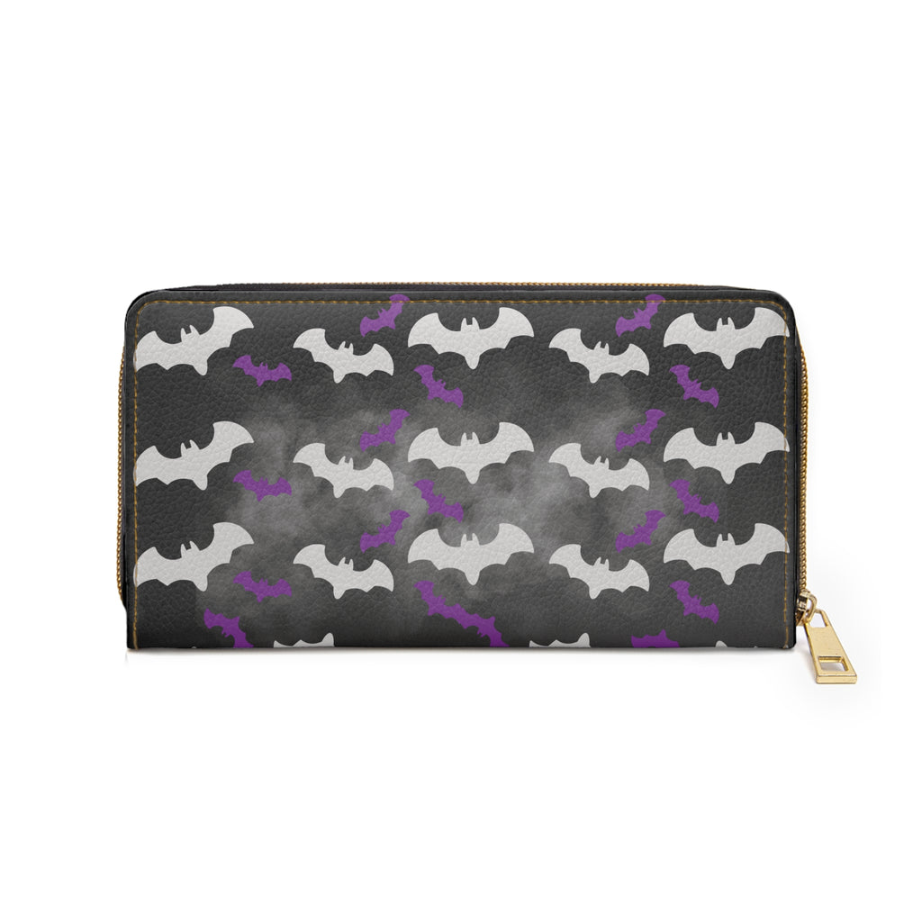 Gothic Bat Print Wallet | White & Purple Bat Pattern Faux Leather Zipper Clutch