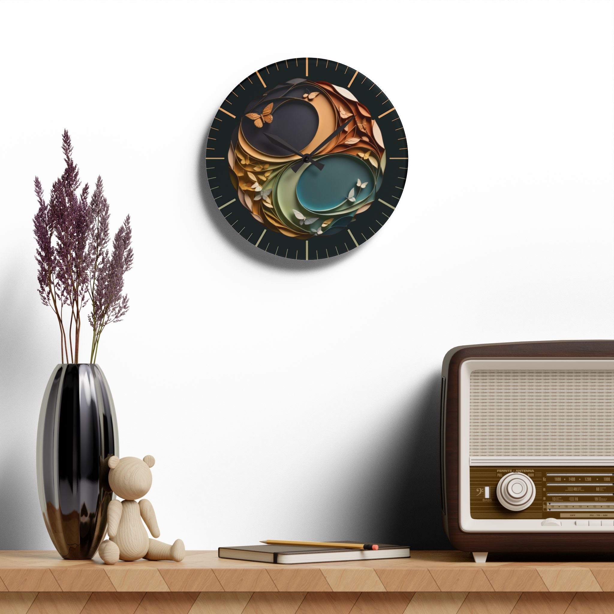 Origami Style Yin Yang Butterfly Acrylic Art Print Wall Clock — NOT Real Origami, Zen Home Decor
