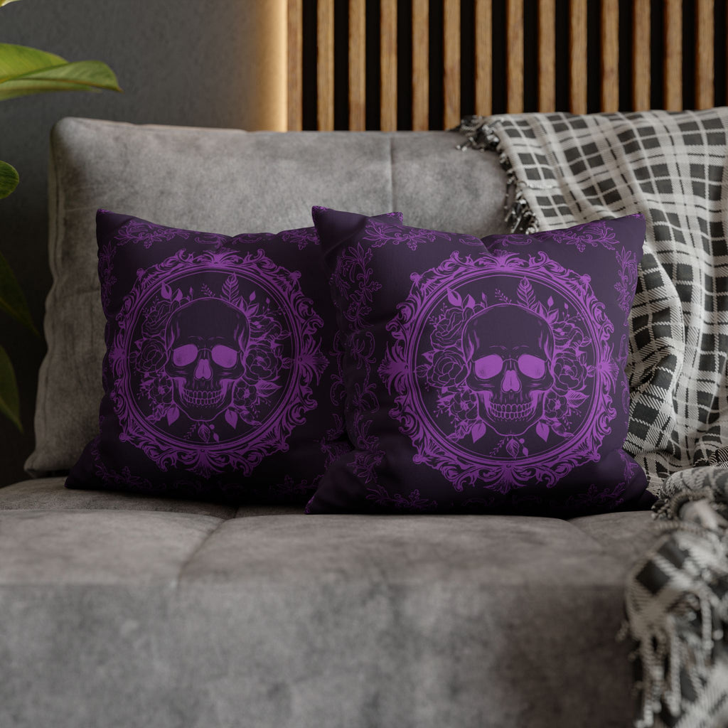 Purple Gothic Floral Skull Throw Pillow — Baroque Botanical Dark Home Decor