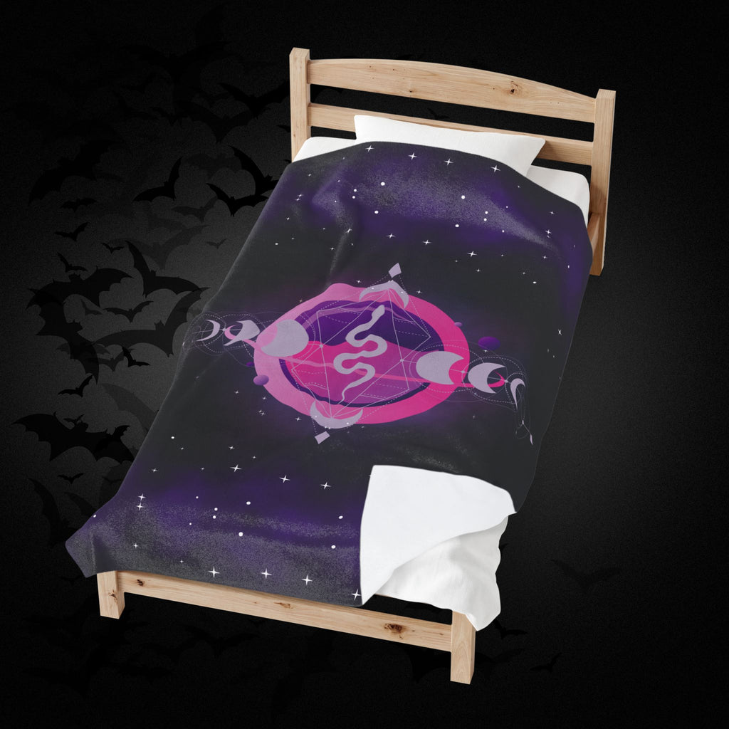 Pastel Goth Celestial Snake Moon Phase Throw Blanket — Pink & Purple Witchy Decor