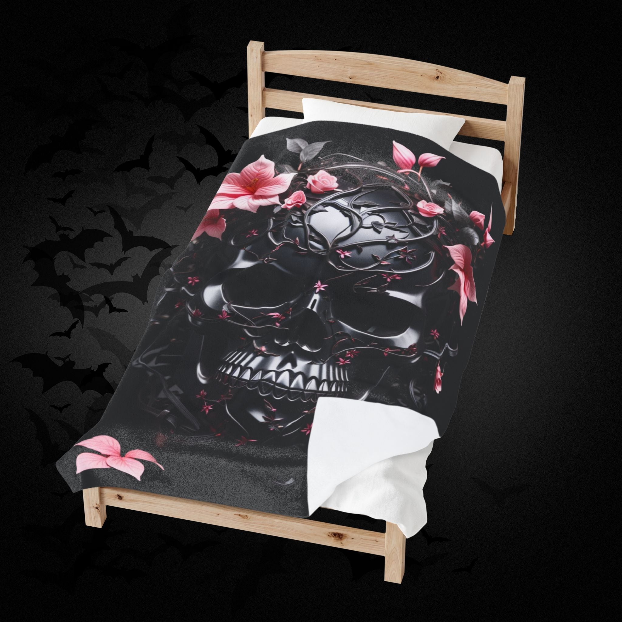 Pastel Goth Black & Pink Botanical Skull Throw Blanket — Dark Floral Home Decor