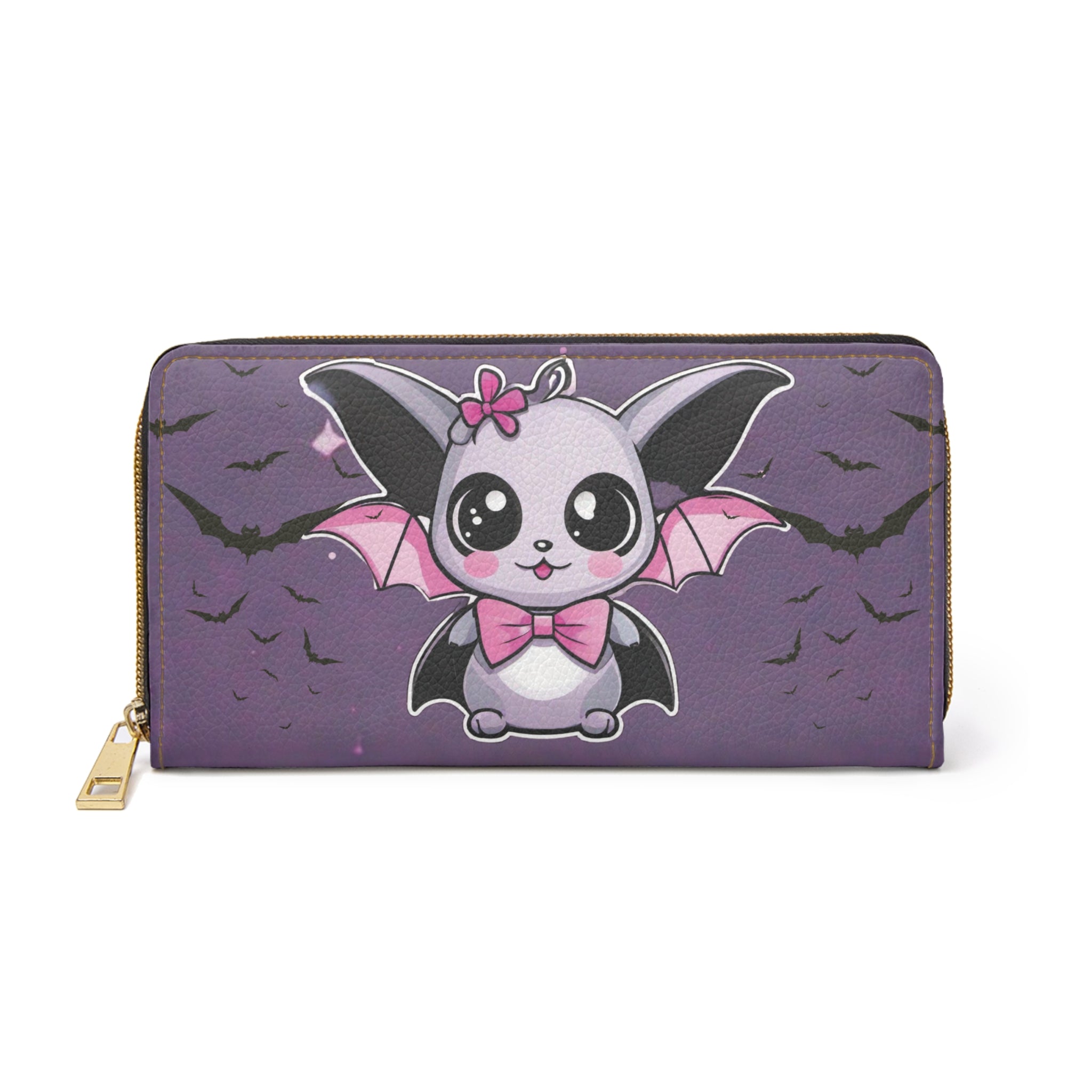 Pastel Goth Kawaii Bat Bow Wallet | Purple Faux Leather Zipper Clutch